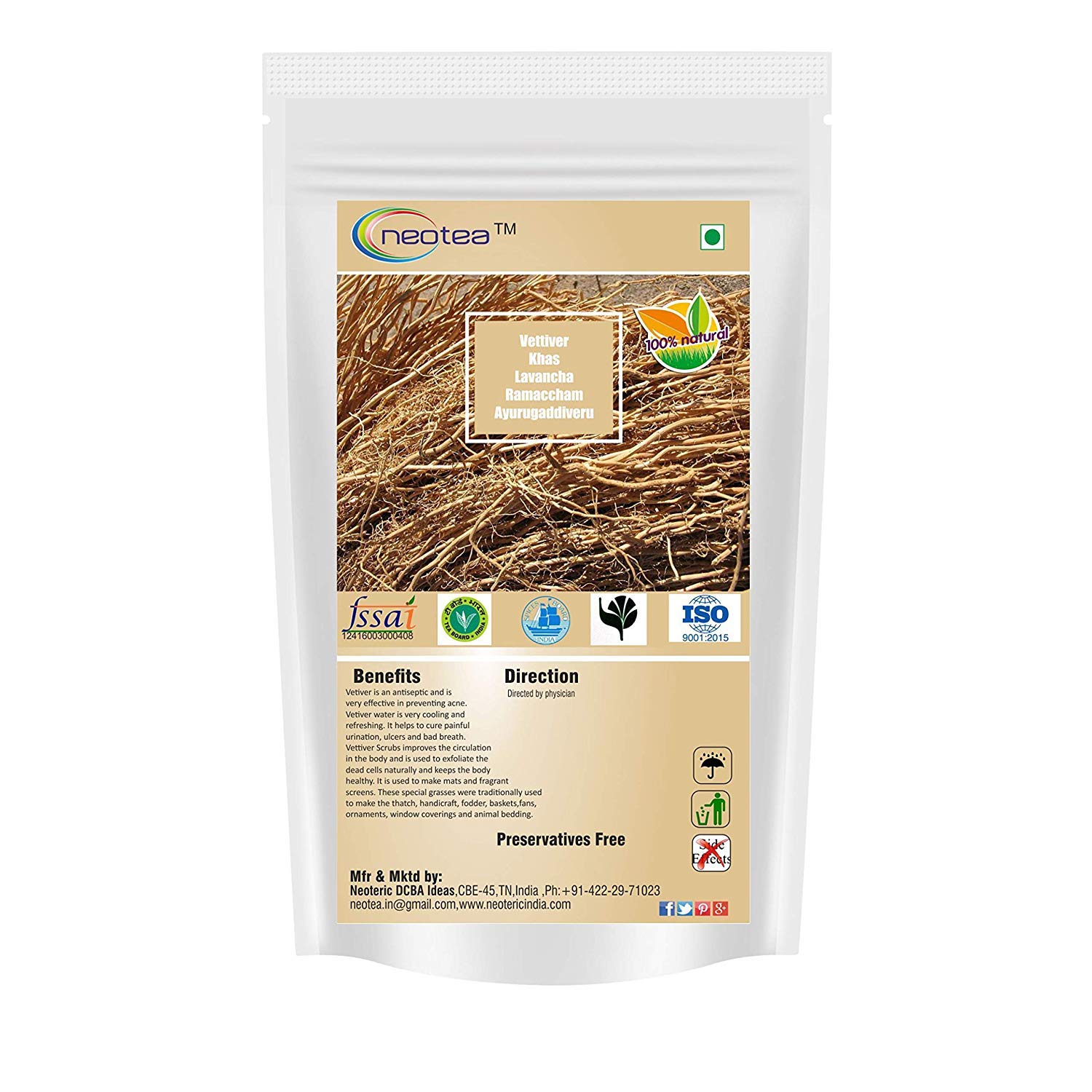 Neotea Chrysopogon Zizanioides, Vettiver, Khas, Lavancha, Ramaccham, Ayurugaddiveru, 250 G