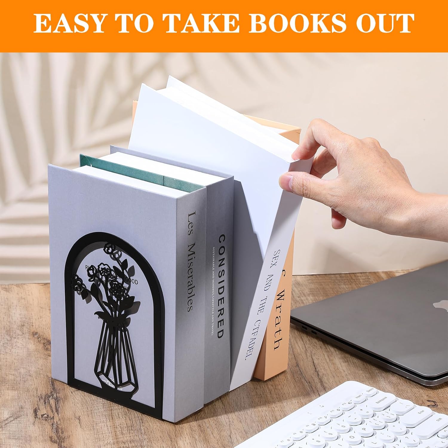 Decorative Metal Bookends for Shelves, 3 Pair Non-Slip Book Stopper for Heavy Books, Flower Book Shelf Holder for Home Office