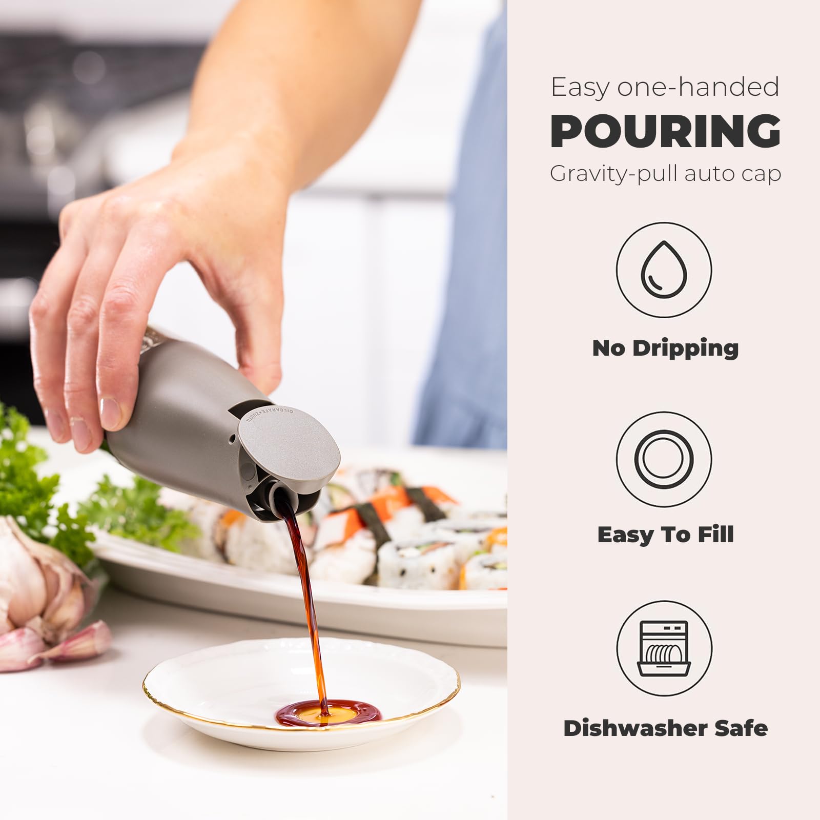 Zuutii Juego de dispensador de aceite de oliva y vinagre, juego de botellas de aceite de vidrio de 5.5 onzas para cocina, botella de salsa de soja con boquilla antigoteo, tapa automática y apto para