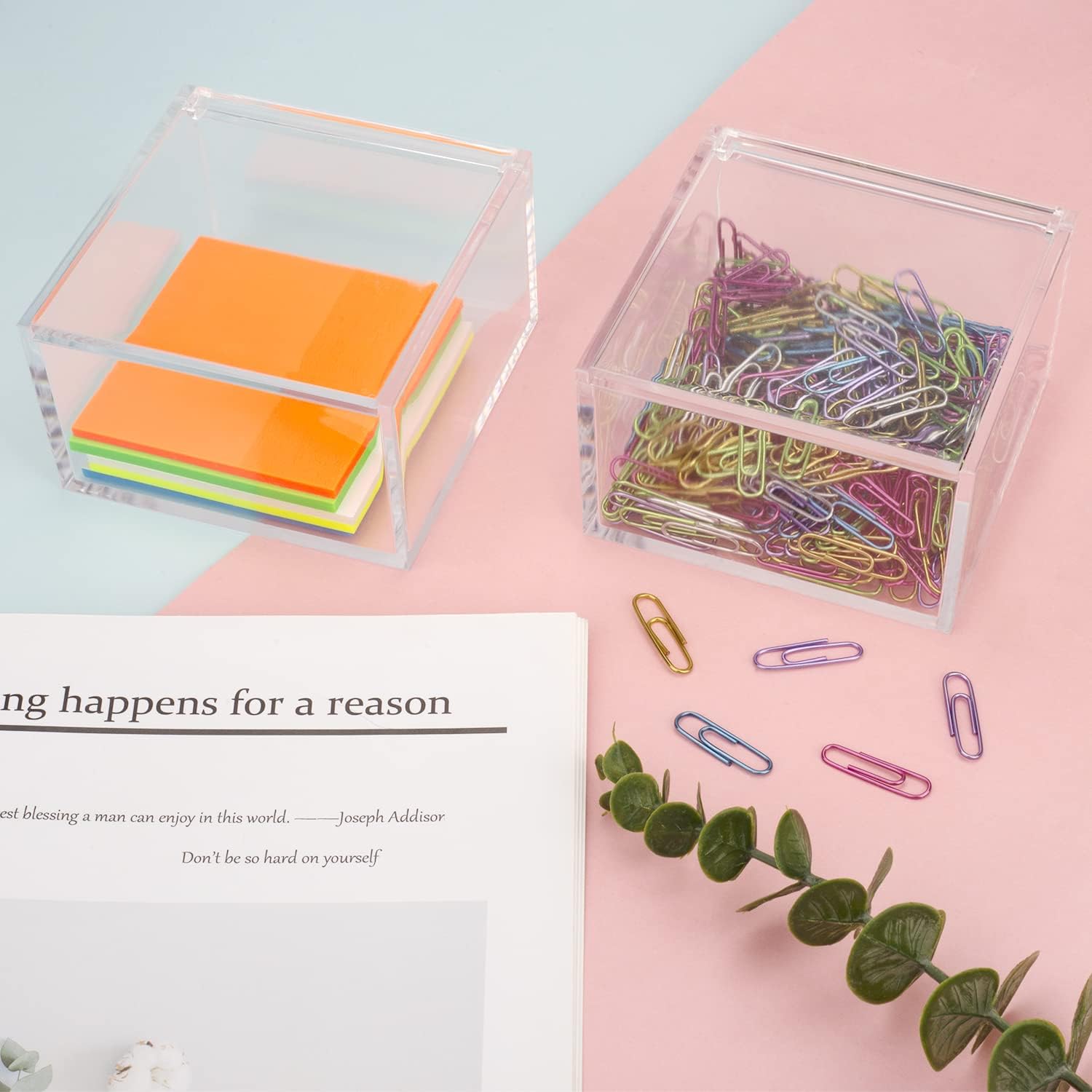 Deoot 2 Pack Paper Clip Holder Clear Acrylic with Lid Cute Paper Clip Organizer Dispenser for Desk Organizers Aesthetic Hair Accessories Organizer : Office Products
