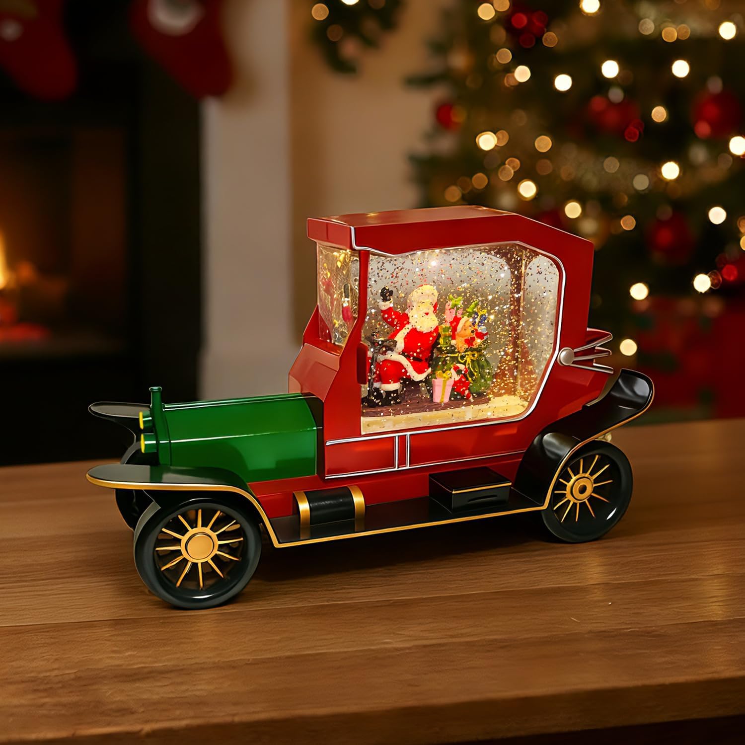 Christmas Musical Car Snow Globe, 10.6'' Vintage Red Truck Decor with Santa Driving, 8 Songs & Silent Mode, USB/Battery Operated, Glittering Swirling Warm Light Christmas Home Decoration Gift