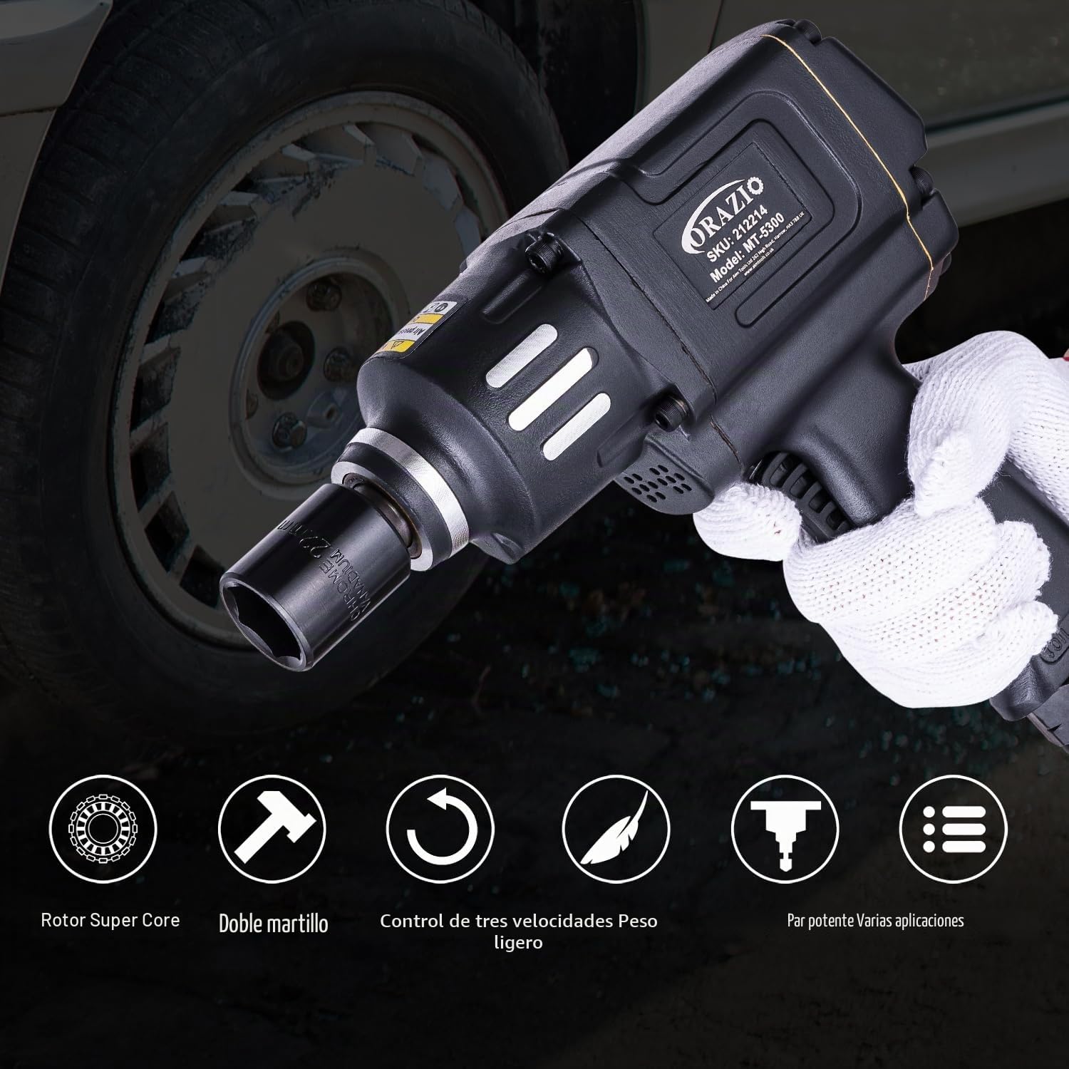ORAZIO Juego de Llave de Impacto Neumática 1/2" 1200 N.M con 8 Vasos de 12-24 mm Profesional Pistola Impacto Neumatica para Garaje Coche Camión de Pernos Rueda Instalación Extracción