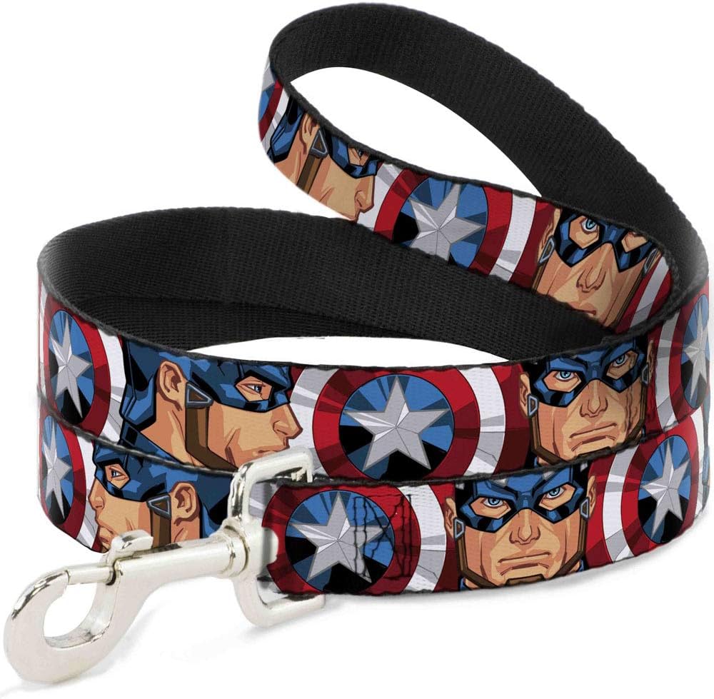 Dog Leash Captain America Face Turns Shield Close Up 4 Feet Long 1.5 Inch Wide