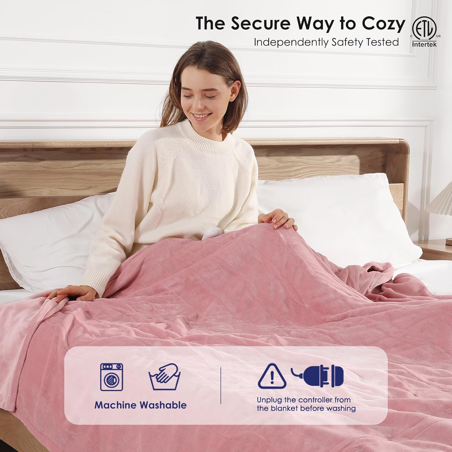 Electric Blanket Queen Size Heated Blanket 90''X84'' - Fleece Heating Blankets Washable with 5 Heating Level & 10 Hour Auto Off Dual Control Heated Blankets Pink for Winter, Great Gift Ideas - Image 4