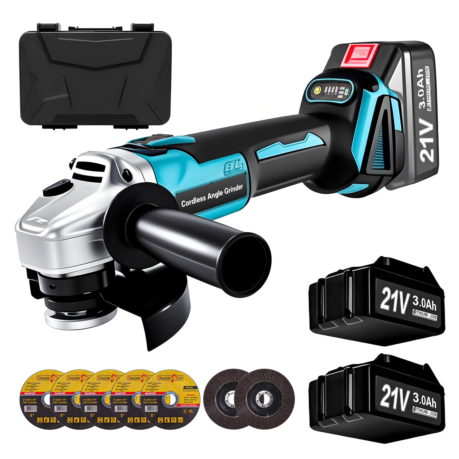 Yofuly Akku Winkelschleifer für Makita Akku 18V 21V, 2× 3.0Ah Akkus & Ladegerät, Akku Flex Trennschleifer 125mm, 9000U/min, 3 Stufige Drehzahlregelung, Inkl. 5* Trennscheibe, 2* Fächerscheibe