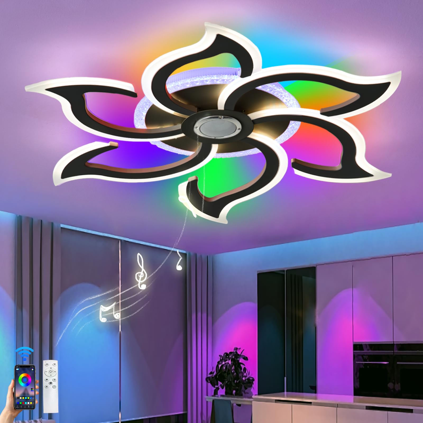 Caufloce RGB Ceiling Light with Bluetooth Speaker Bedroom 78cm Ceiling Lamp Living Room LED Dimmable Ceiling Lamp with Remote Control Memory Function Modern Flower Ceiling Lights with APP Smart Black
