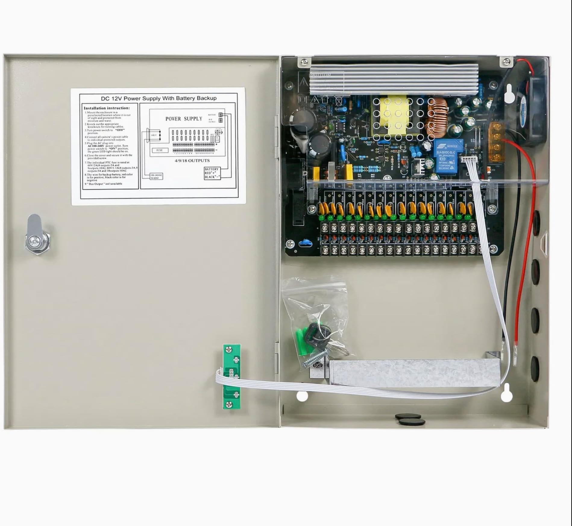 18 Port 20 Amp 12v Power Supply UPS uninteruptied Power for CCTV, LED, and Other Low Voltage 12v Devices. Strong Secure Metal cabient with Lock and Key. (NO Battery Included)