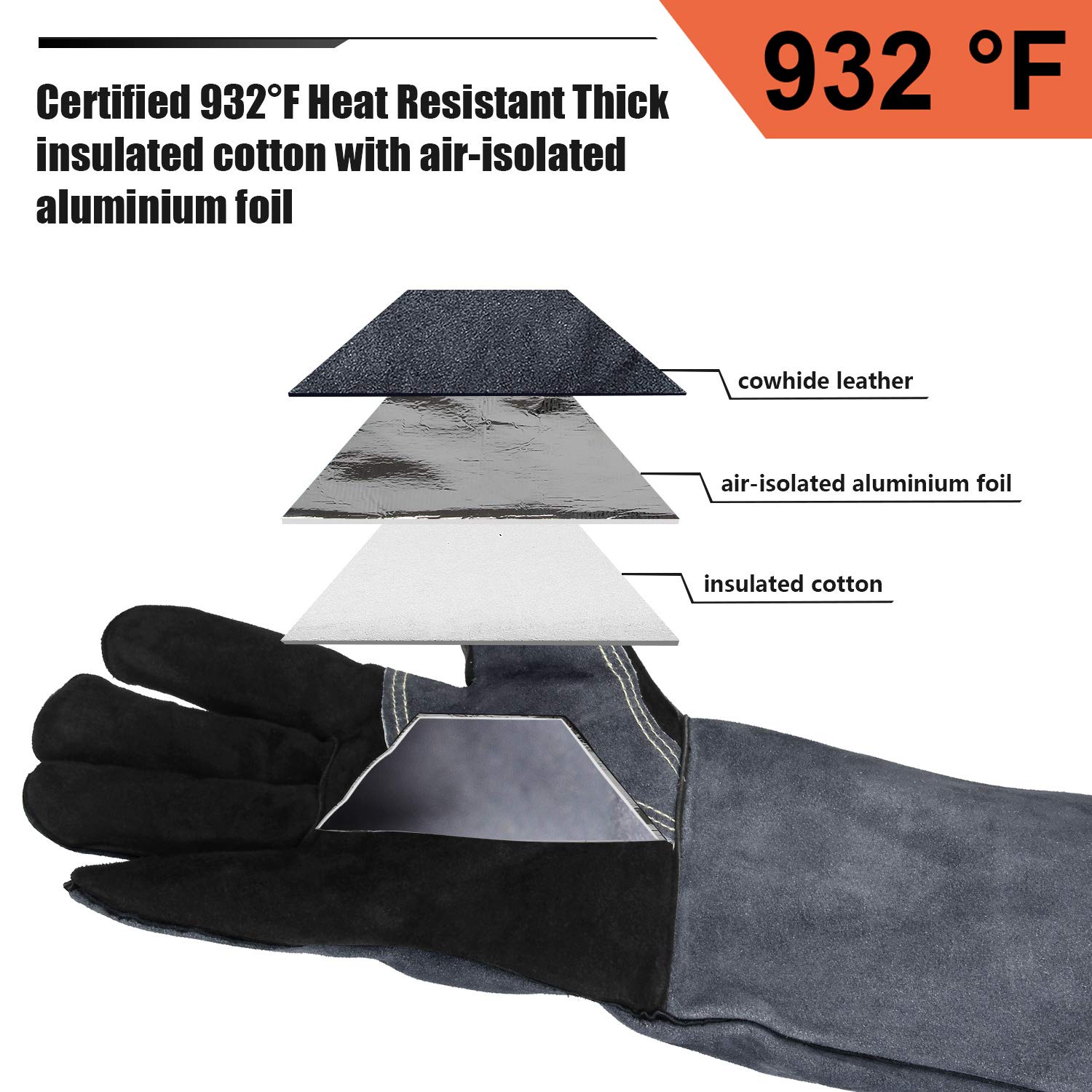 OZERO 16 Inches 932°F Leather Welding Gloves, Heat-Resistant Fireproof Oven Mitts for BBQ Stove, Forge, Grill Wood Burners - Image 4