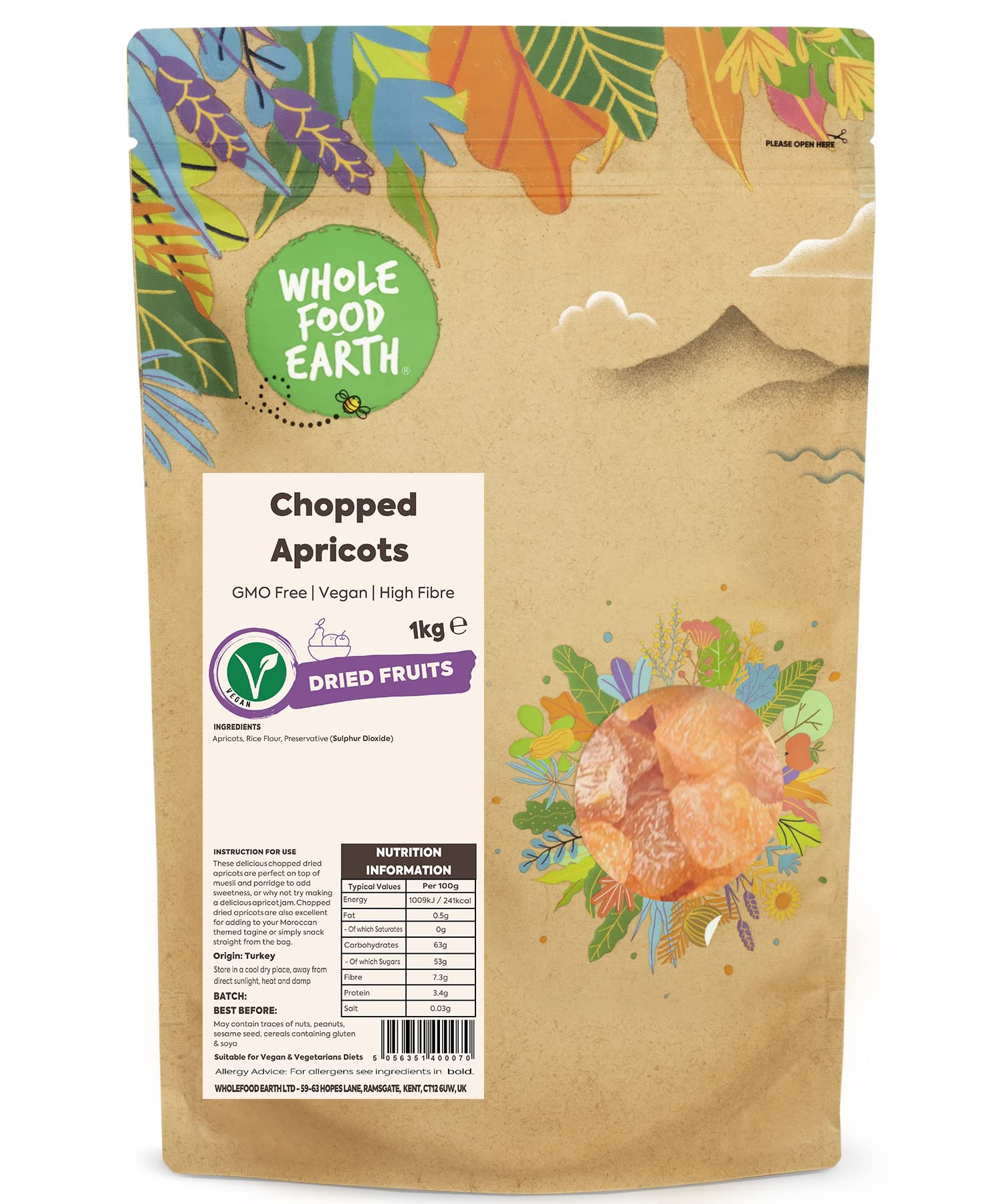 Wholefood Earth Chopped Apricots 1 kg | GMO Free | High Fibre