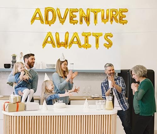 Miniatura 6 de Adventure Awaits - Cartel de globos dorados (16 pulgadas, 3 piezas) para graduación, jubilación, baby shower, unisex para niños