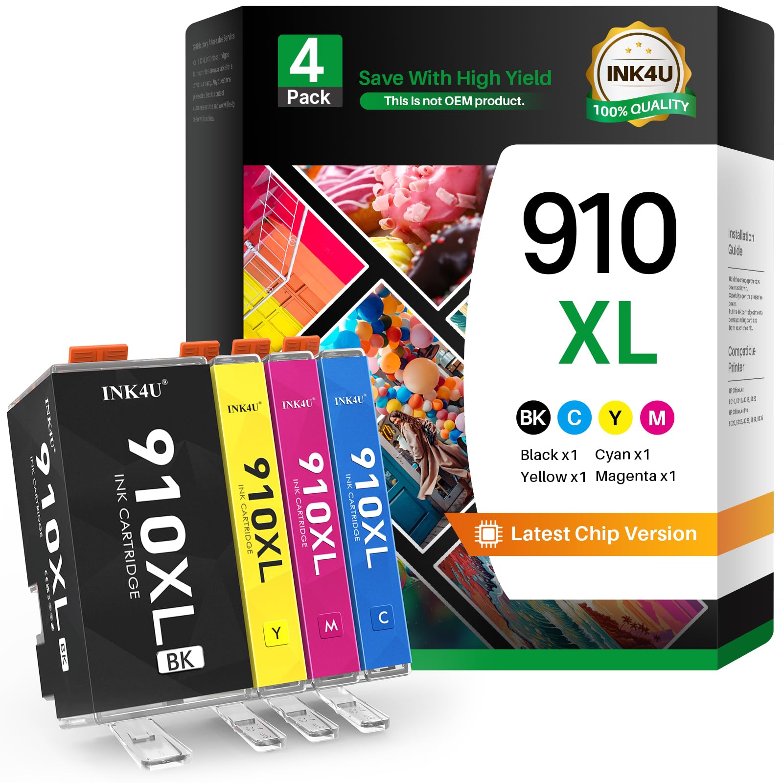 Photo 1 of INK4U Compatible Ink Cartridges Replacement for 910XL 910 Ink Cartridges Combo Pack HP OfficeJet Pro 8020, 8025, 8028, 8030, 8035, OfficeJet 8010, 8015, 8018, 8022 Printer (1BK/1C/1M/1Y, 4-Pack)