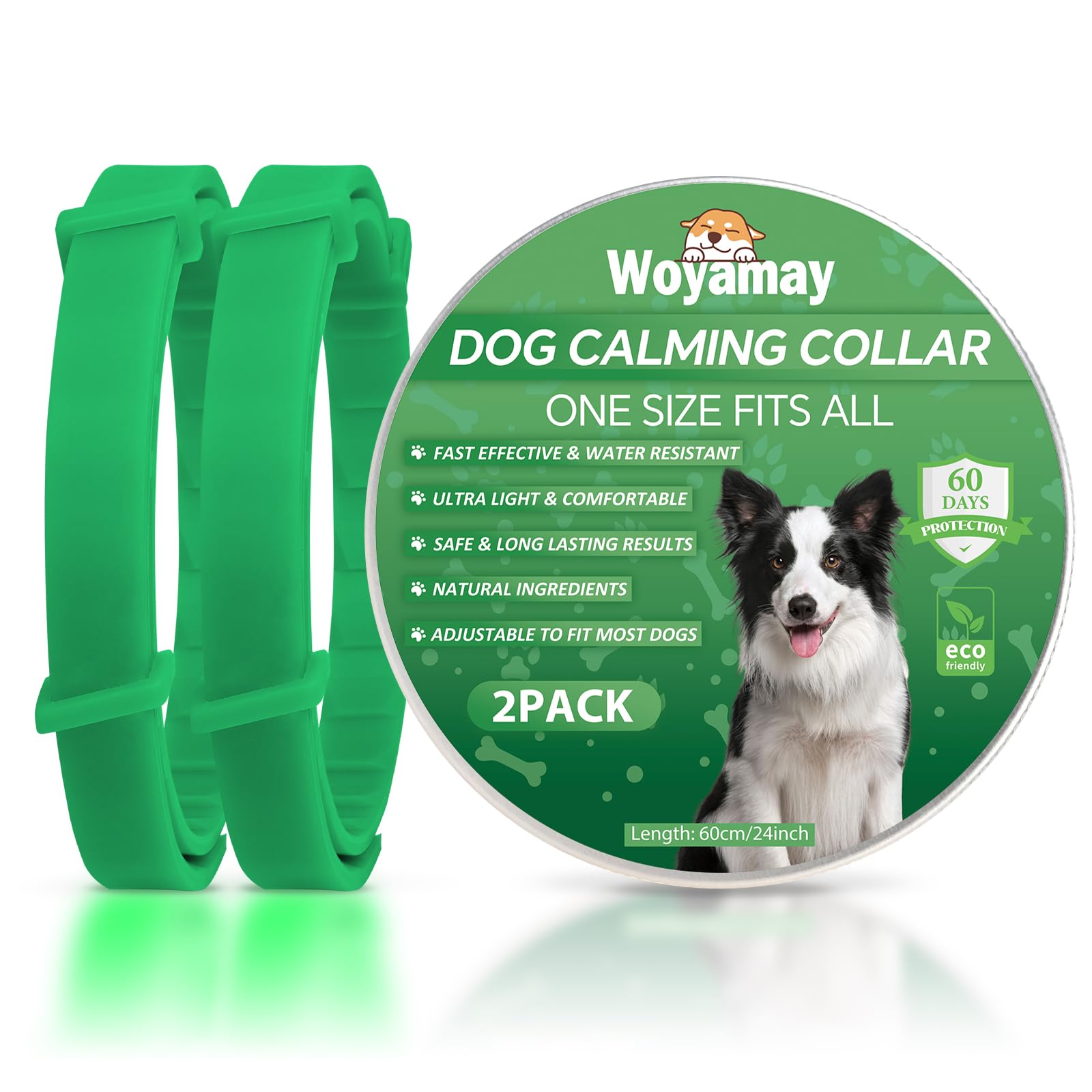 Woyamay Collar Calmante para Perros, Luminoso Collar para Perros Anti Ansiedad Ajustable, Impermeable Natural Collar de Feromonas Calmante para Perros Pequeños, Medianos y Grandes Verde 2 Pack