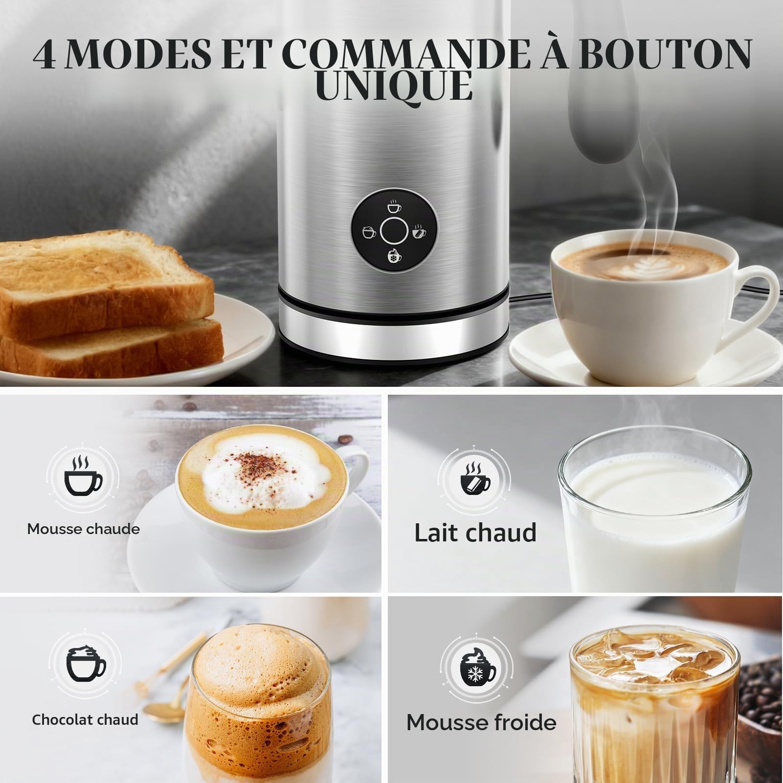 Morpilot Mousseur à Lait Électrique 4 en 1 Mousse Chaude & Froide, 300ml Chauffe-Lait en Acier Inox avec Revêtement Antiadhésif pour Latte Cappuccino Macchiato Chocolat