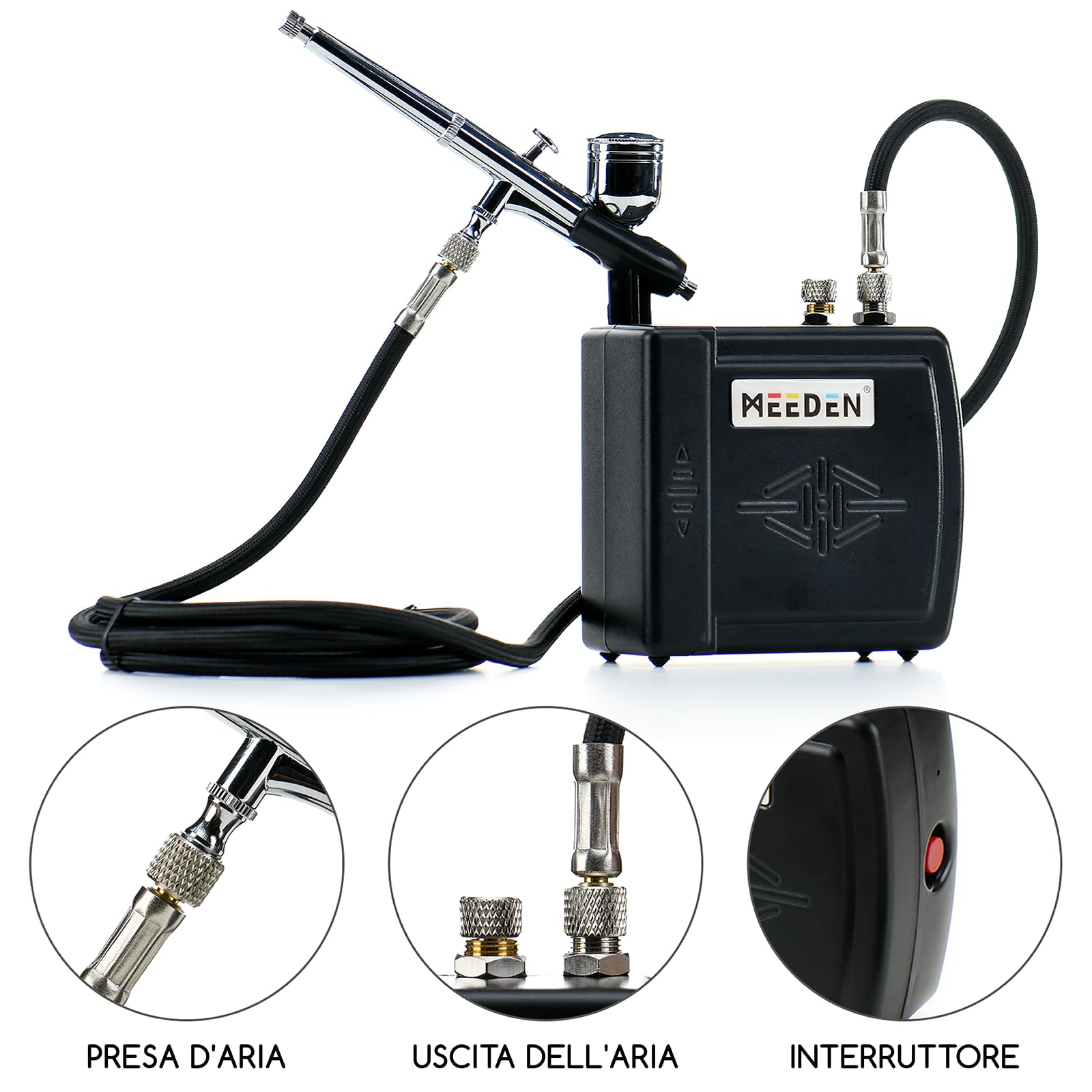 MEEDEN Aerografo per Modellismo: Compressore A Batteria Per Spazzole Ad Aria Auto Stop Con Tubo Dell'aria Da 1,8 M Per Decorazione Di Torte Tatuaggio Graffiti Pittura Decorazione Di Torte - Nero