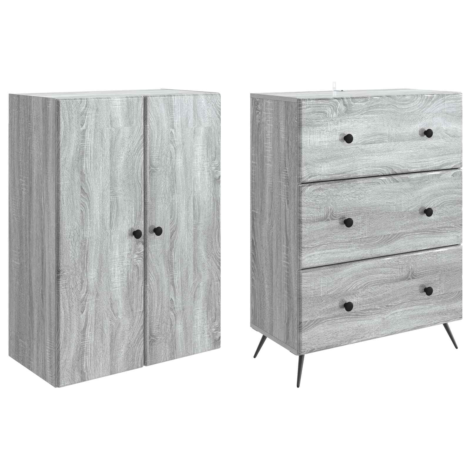 Zestaw szafek, 2 sztuki, materiał drewnopochodny, Sonoma szary, 66 x 34,5 x 90 cm, z szufladami i półkami, uniwersalna szafka do przechowywania do biura, gospodarstwa domowego, piwnicy