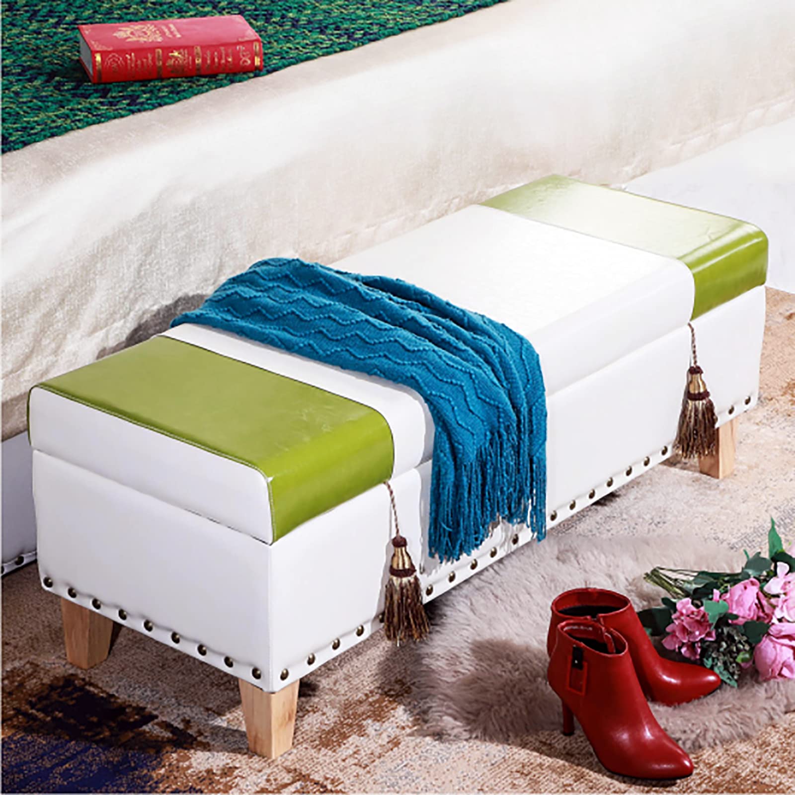 Repose-pieds coffre similicuir bicolore vert blanc 60cm tabouret