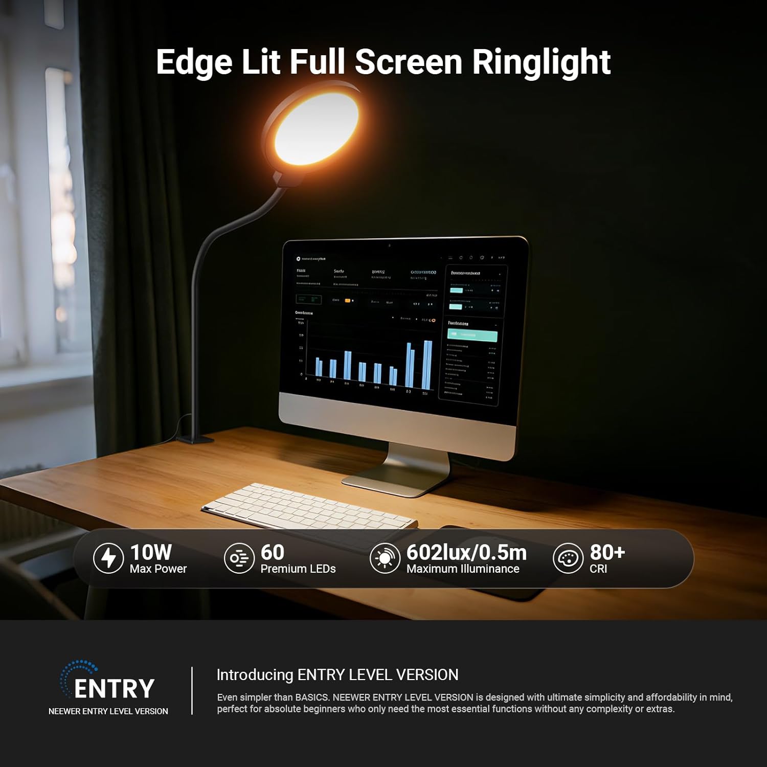 NEEWER Entry Level Version 5" Edge Lit Streaming Light with Desk Clamp Stand, 10W Bi Color Full Screen LED Ring Light CRI80+, Computer Laptop Webcam Zoom Call Video Conference Recording Lighting, N32