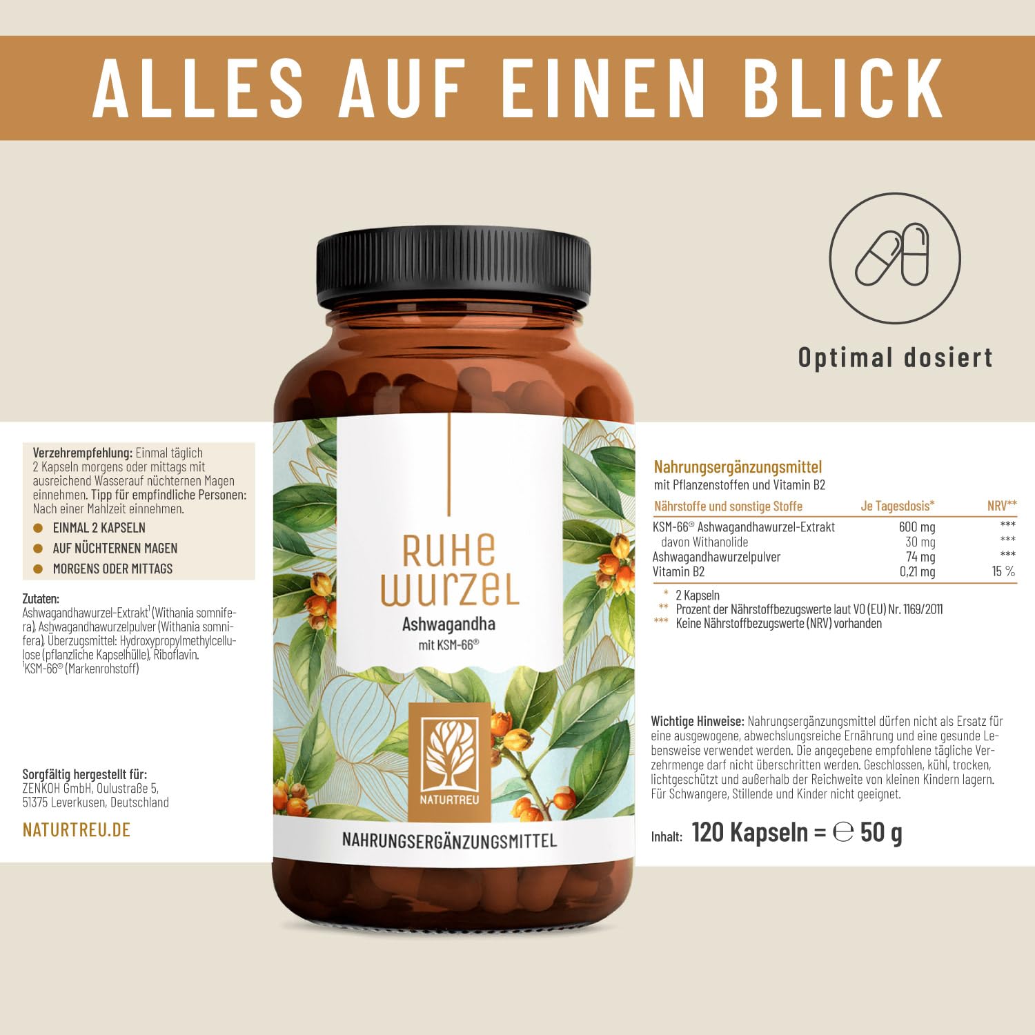 NATURTREU® Ashwagandha KSM-66® hochdosiert 120 Kapseln - 600 mg Ashwagandha pro Tag - Komplex aus Ashwagandha-Wurzelextrakt & Ashwagandhawurzelpulver - 5% Withanolid-Gehalt - Vegan
