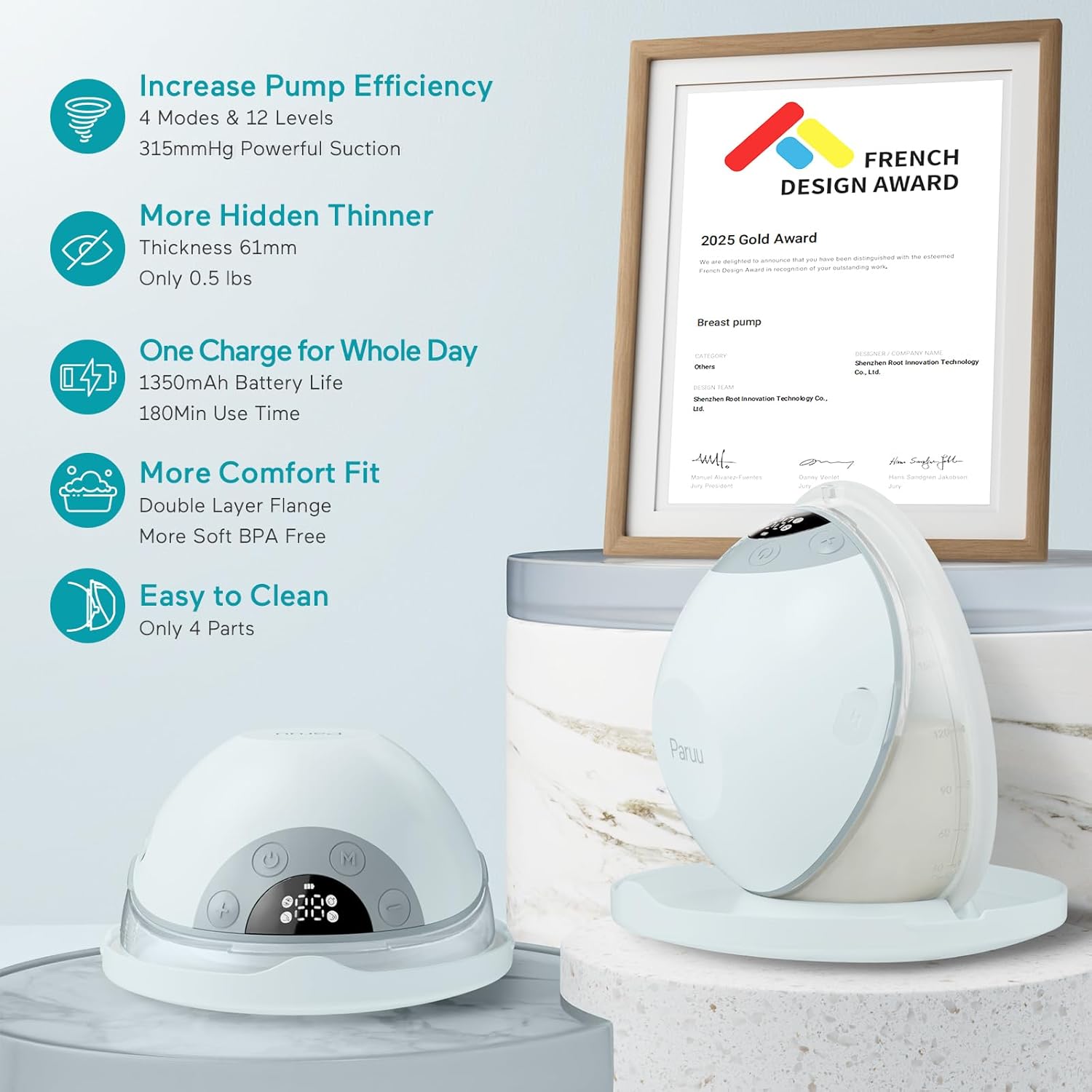 Key features of Paruu P20 breast pump including efficiency, thin design, battery life, comfort, and easy cleaning.