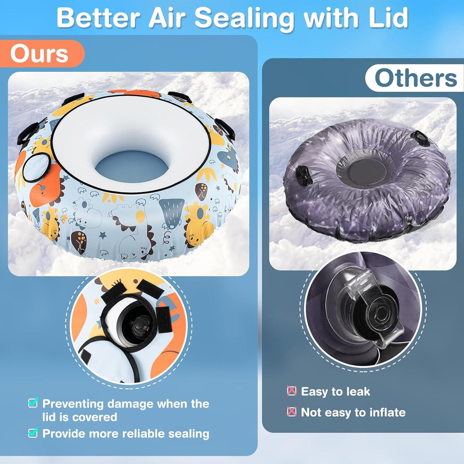 Close-up of the DORTALA snow tube's inflation valve with a lid for better air sealing