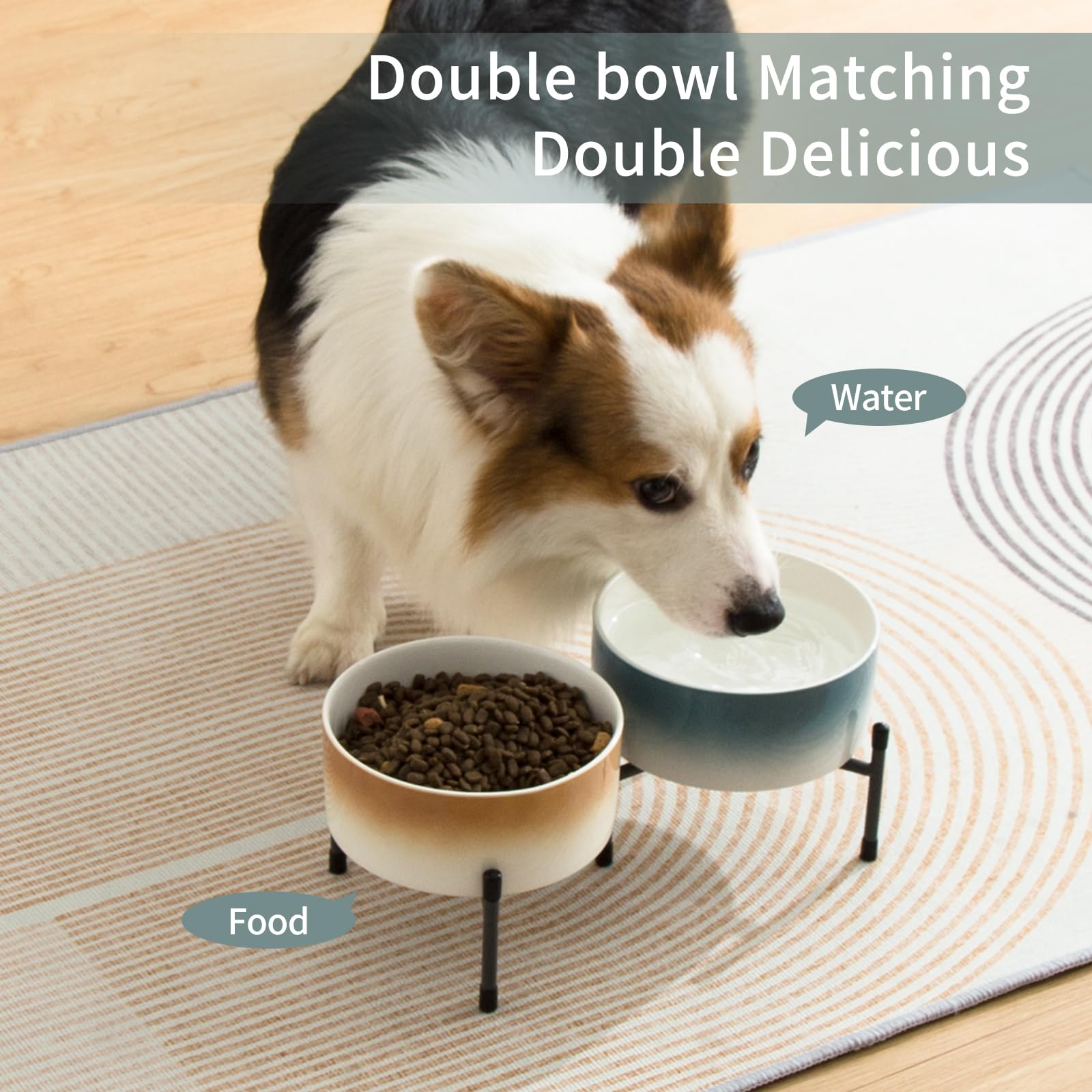 Lot de 2 gamelles en céramique pour chien et chat avec support en métal surélevé, gamelle en céramique de 15,2 cm pour nourriture et eau, gamelles pour chats et chiens, bleu et marron