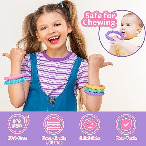 Miniatura 5 de Paquete de 5 pulseras elásticas de silicona de colores macarrón, juguetes para la ansiedad para niños, diseño texturizado, juguetes sensoriales