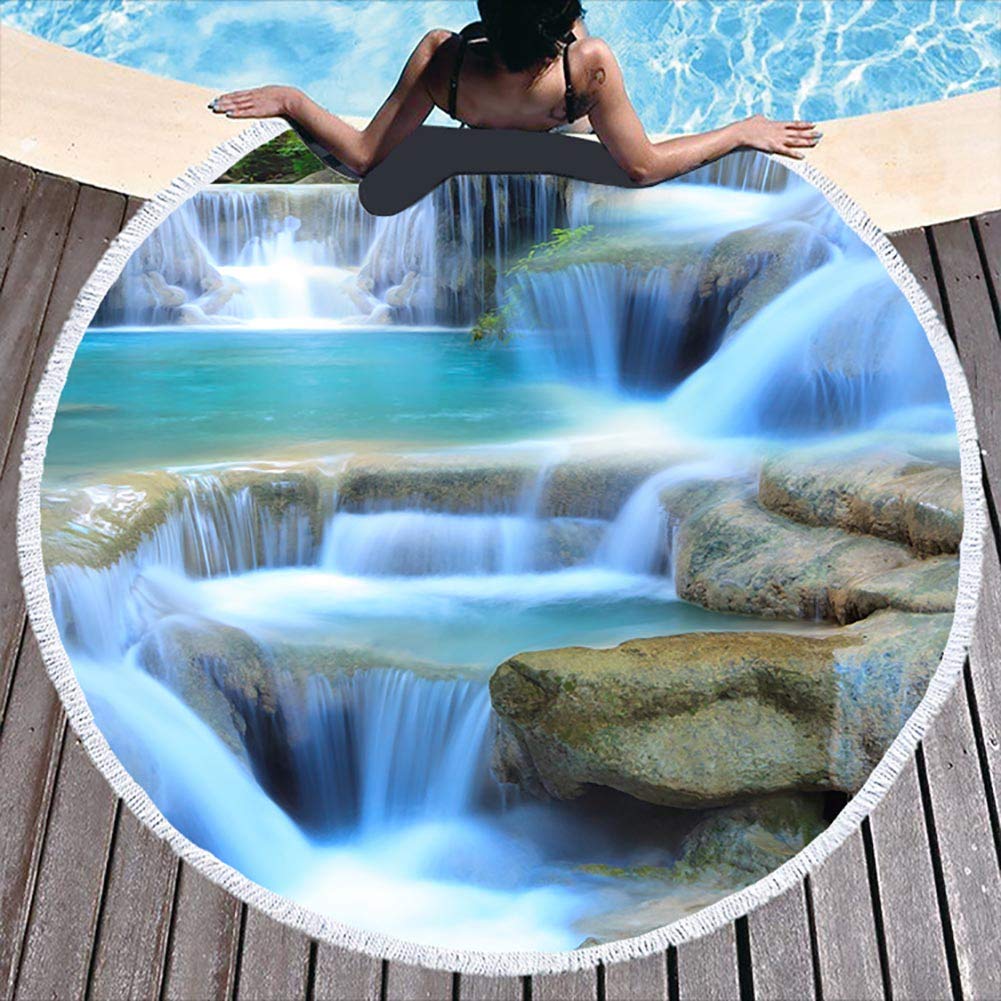 BOYOUTH Round Beach Towel,Watefall Pattern Printing Beach Mat with Tassels Ultra Soft Super Water Absorbent Multi-Purpose Towel,59 inch-Diameter
