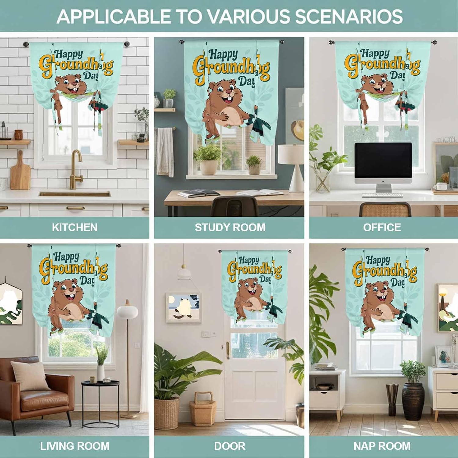 Happy Groundhog Day Tie Up Curtains for Window, Green Hat Spring Animals Mint Green Thermal Insulated Balloon Shade Adjustable Rod Pocket Curtains Valance Panels for Kitchen Bathroom Café 52'' x 45''