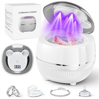 Ultrasonic Retainer Cleaner Machine, 48kHz Dental Cleaning Pod for Night Guards, Mouth Guards, Aligner, Braces, Toothbrush, Jewelry, Ultrasonic Dentures Cleaner with Digital Timer, 220ML, White - Amazon product rated Grade B