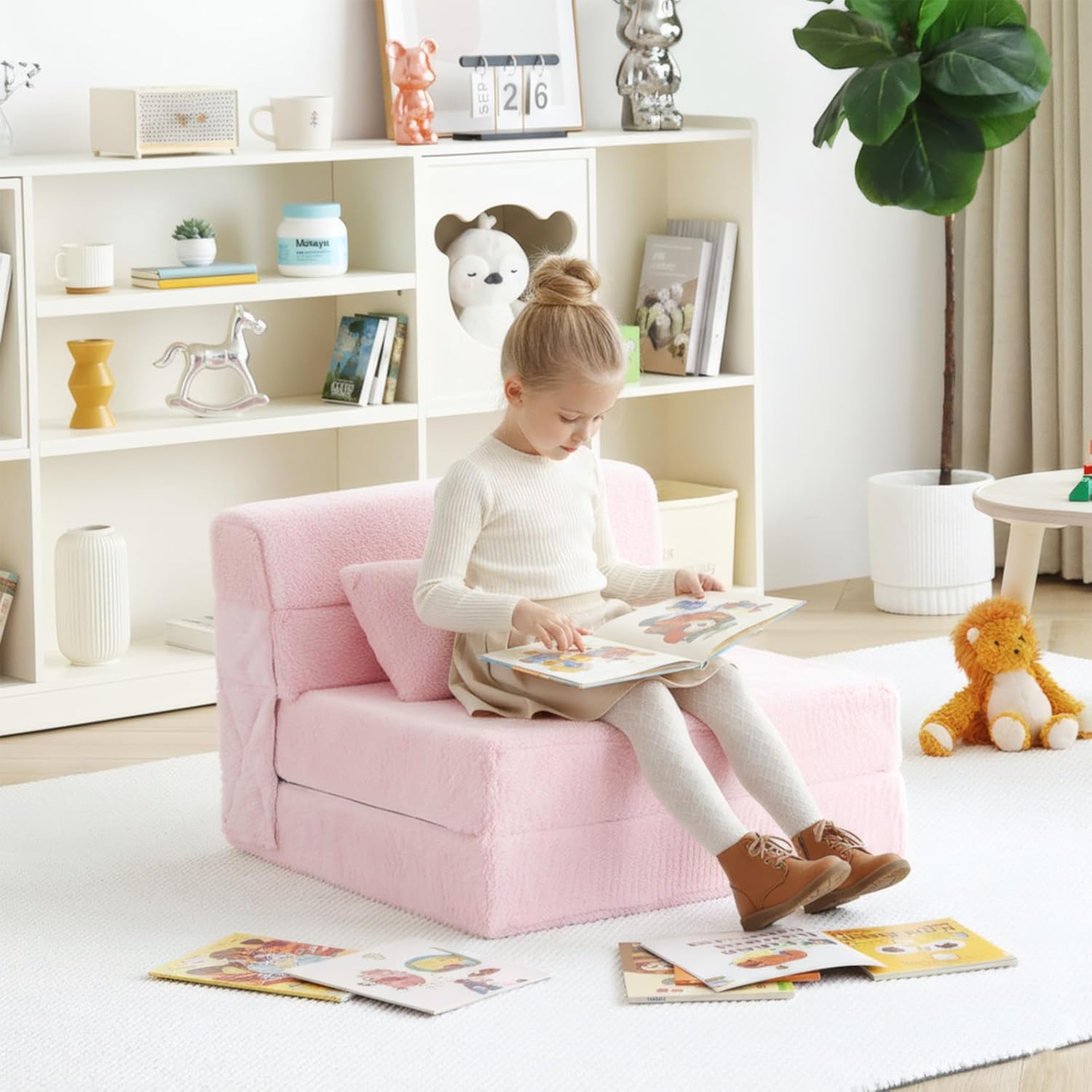 Tiita Convertible Folding Kids Sofa Bed with Pillow & Storage Bag, Plush Fabric Floor Mattress Couch Bed, Washable Cover, Kids Room, Playroom, Dorm, Apartment, Pink