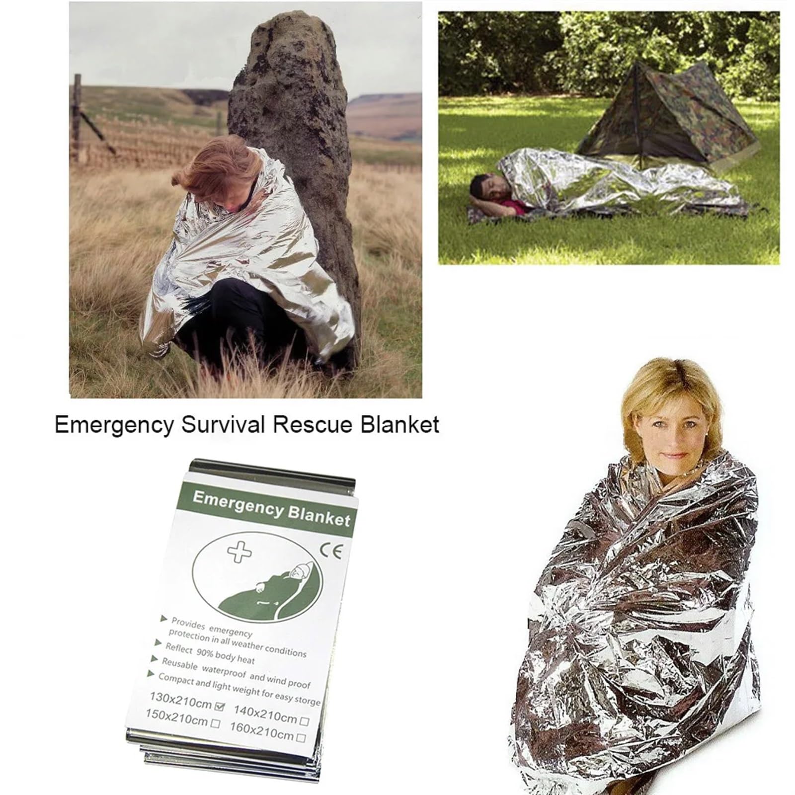 Manta térmica de Emergencia Impermeable, Ayuda SOS for desastres, Supervivencia, Rescate, Aislamiento, Manta de Primeros Auxilios, 5-20 Piezas(160X210cm 20pcs)