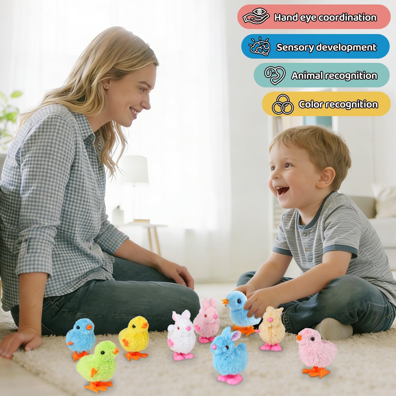 4 PCS Easter Wind Up Chick Toys Plush Jumping Bunny Toy Hopping Animals Clockwork Windup Rabbit Birthday Easter Basket Stuffers Party Favors for Kids Toddlers