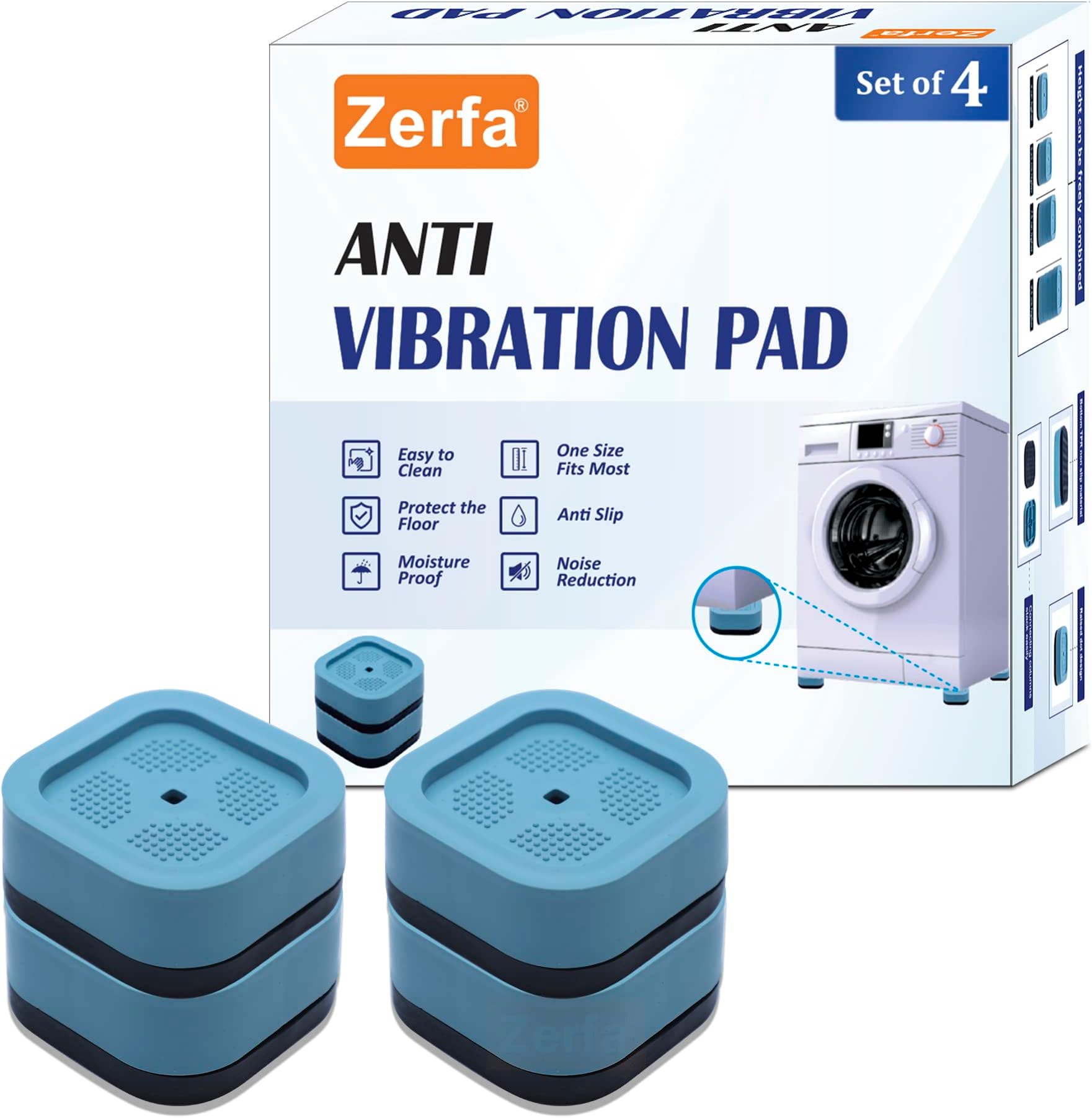 Zerfa Stackable Washer Dryer Anti Vibration Pads, Fridge Washing Machine Leveling Feet Anti Walk Pads Shock Absorber Furniture Lifting Base (ZP963 Square (Blue))