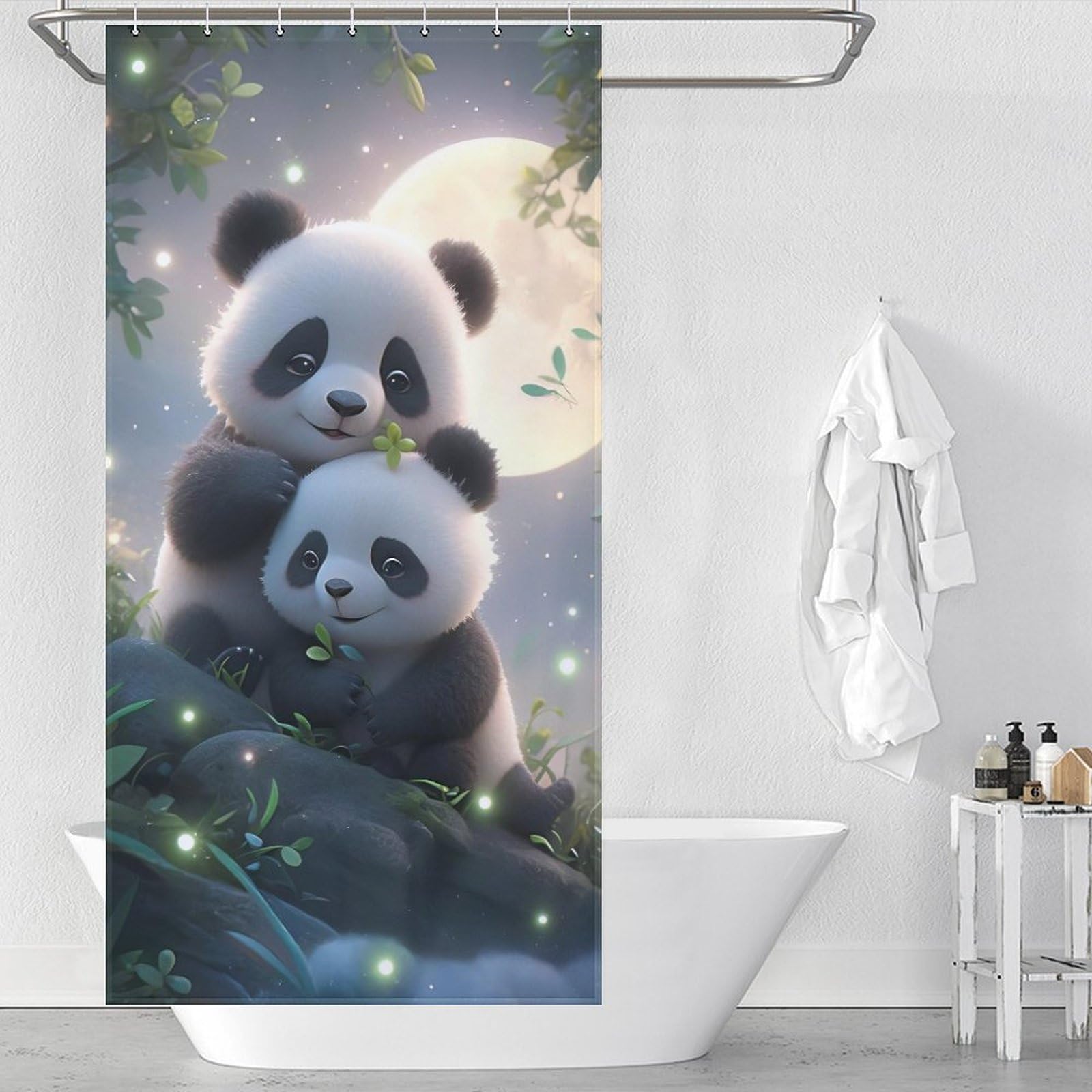 Rideau de douche panda en tissu imperméable et lavable avec 12 crochets