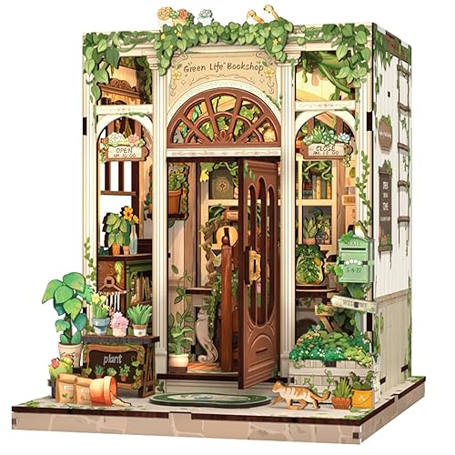 Fsolis Book Nook Kit - DIY 3D Puzzles for Adults Miniature House Tiny Home Mini Craft Bookshelf Decor Gifts for Women Teenagers Book Lovers (Green Life Bookshop) - Green Life Bookshop