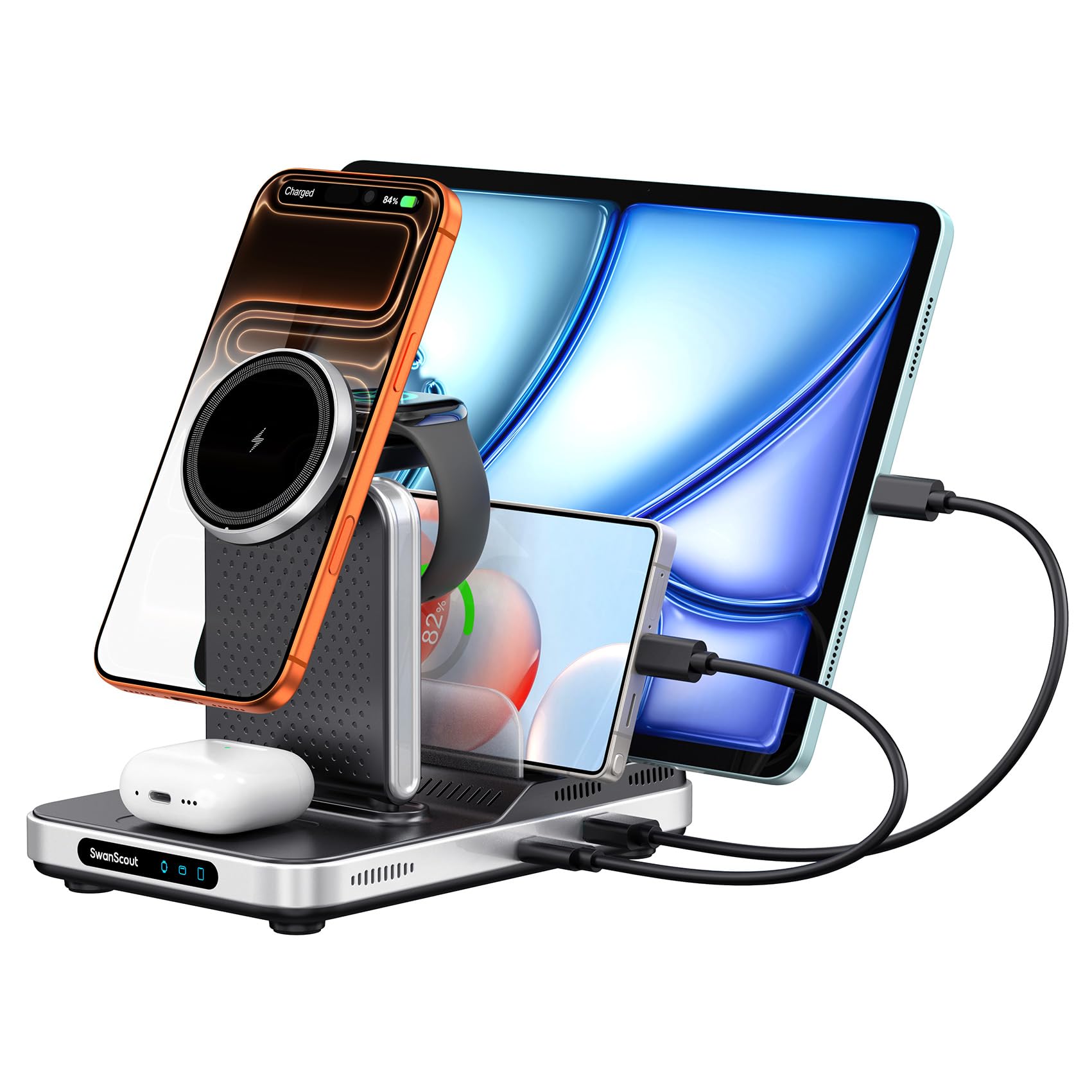 SwanScout Induktive Ladestation für iPhone, 5 in 1 Ladestation für iPhone Air/17/16/15/14/13/12 Serie, Kabelloses Ladegerät für Apple Watch Ultra 2/10/9, für AirPods/iPad/Tablet/Switch, SwanScout 901M