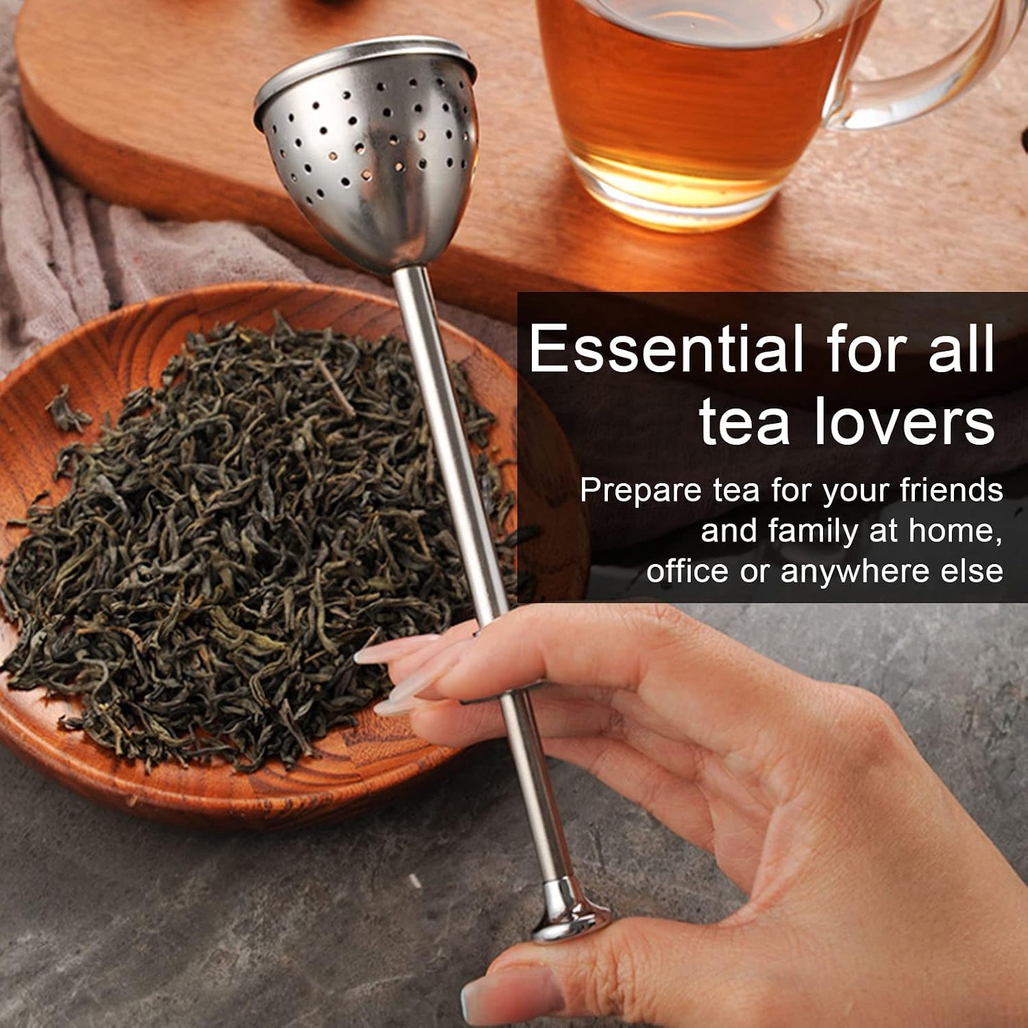 VINGVO 2Pcs Tea Strainer, Long Handle Stainless Steel Infuser Filter, Reusable Teapot Interval Diffuser for Loose Leaf Tea Brewing At Home Office Trav