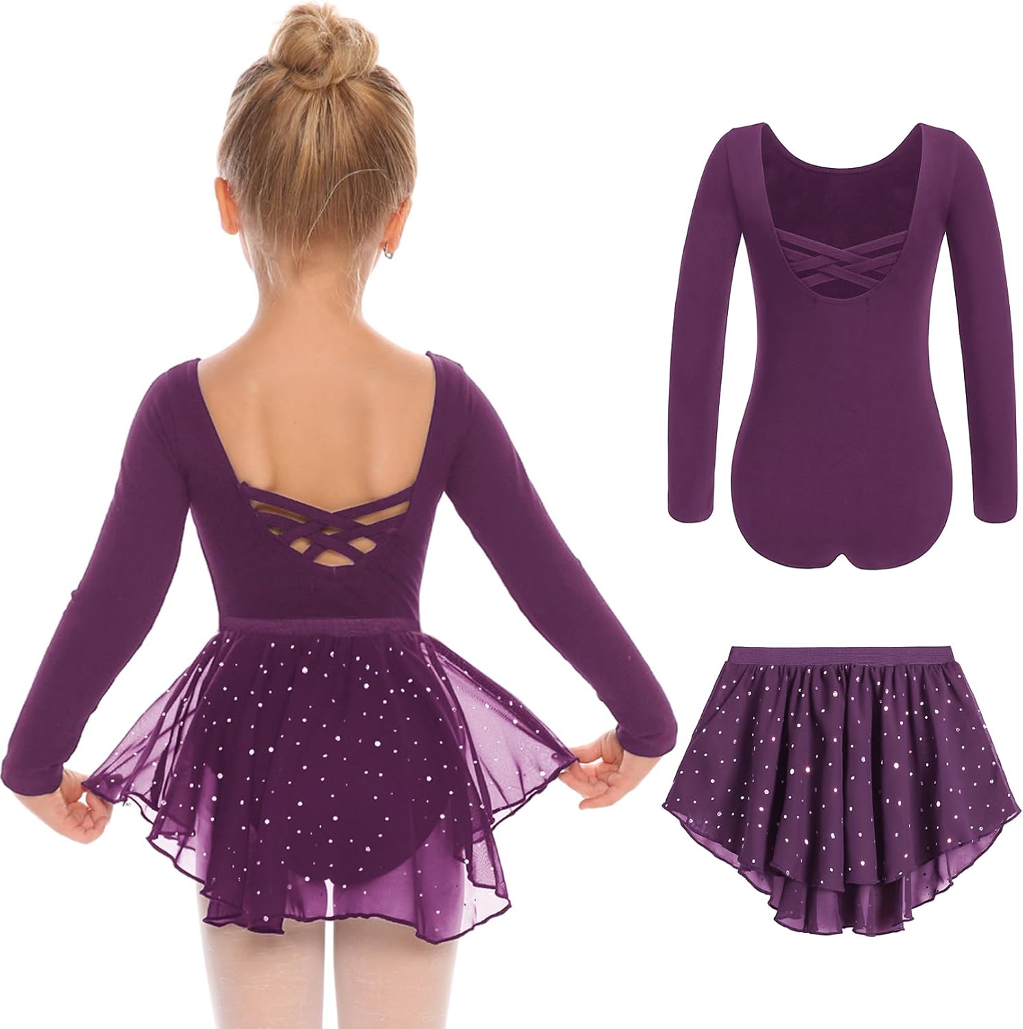 Zaclotre Girls Ballet Leotards Toddler Long Sleeve Crisscross Back Dance Dress Outfit with Removable Shiny Skirt Combo