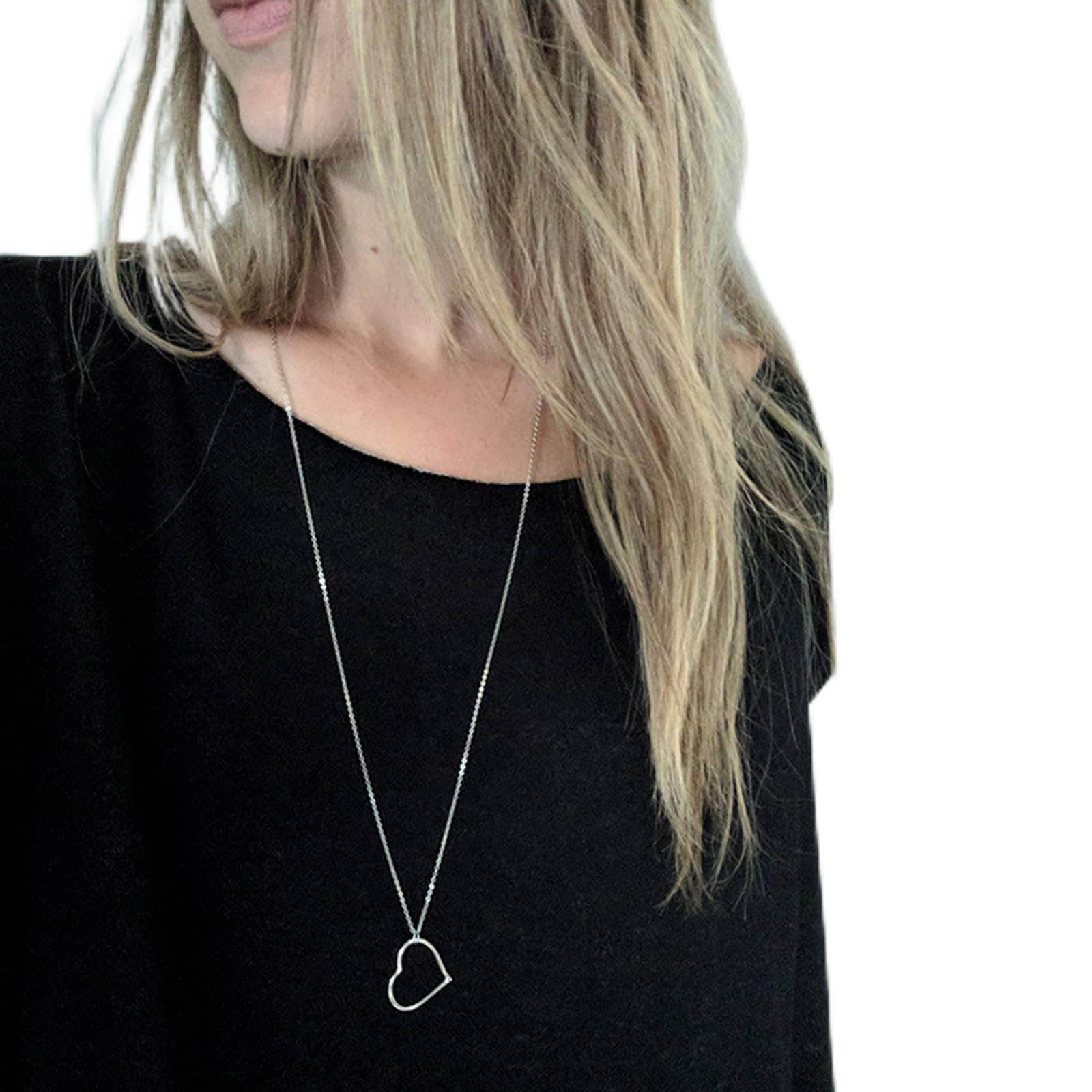 Boho Long Love Pendant Necklace Silver Minimalist Heart Necklace Chain Hollow Heart Drop Necklace Jewelry for Women and Girls Gifts(Silver)