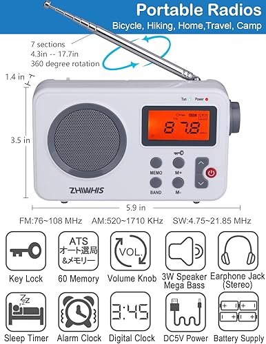 Miniatura 2 de ZHIWHIS Portable Radio, AM FM Shortwave Digital Tuner with Best Reception, Battery Operated Clock Radios with Sleep Timer and Preset Function,