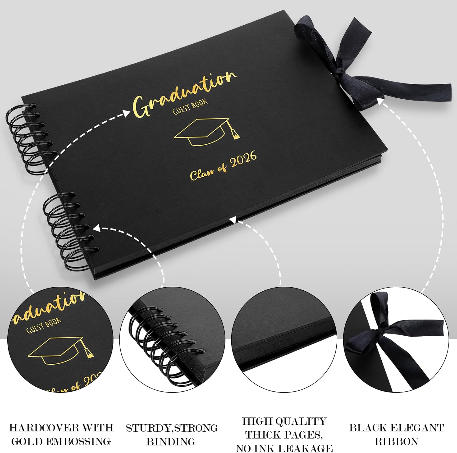 12 Pcs 2026 Graduation Guest Book with Photo Guest Book Sign, 80 Pages Scrapbook Photo Album with DIY Kit Dual Tip Metallic Pens for Party, Exclude Camera(Graduation Cap,Black,10.4 Inches) - Image 3