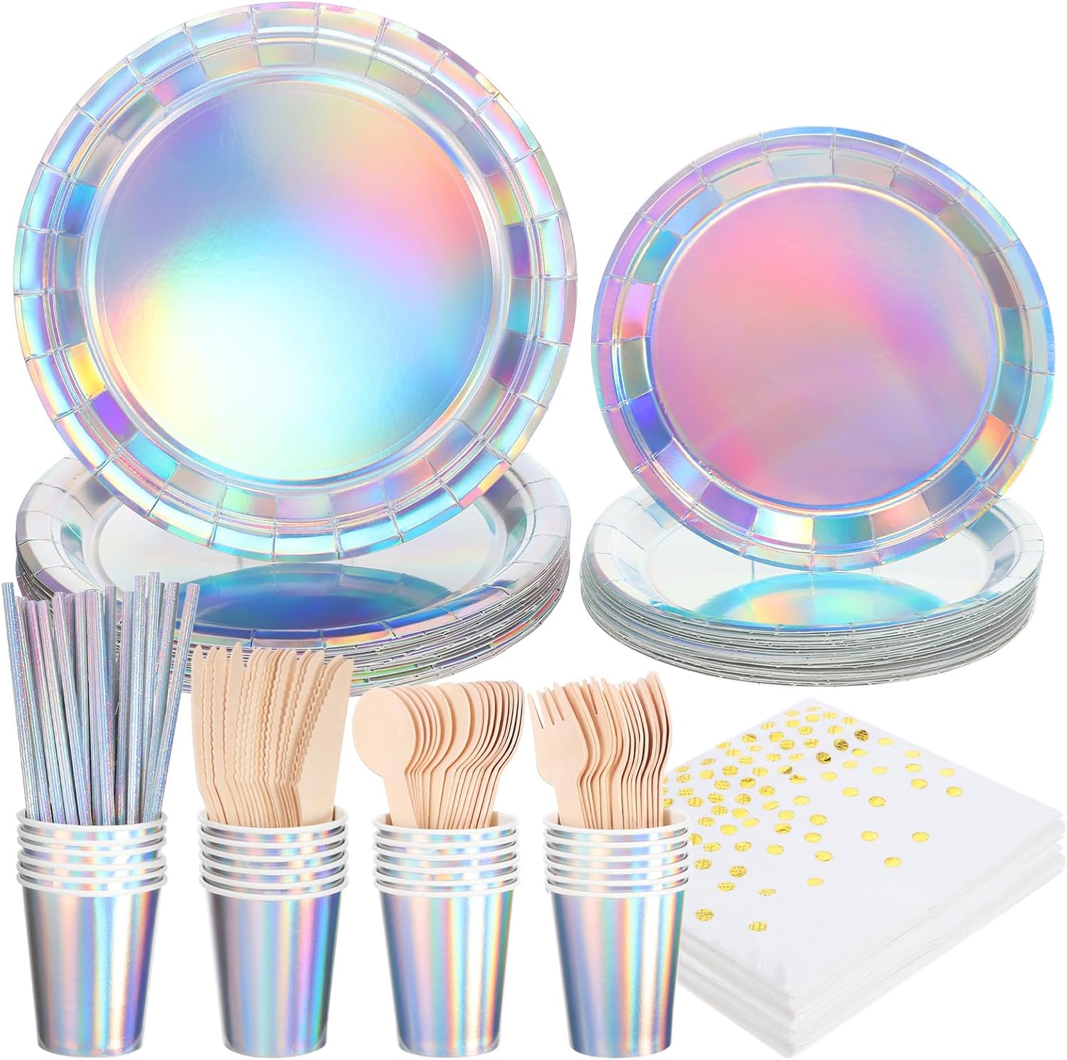 Hemobllo 25sets Neon Themed Iridescent Party Supplies Birthday Decorations Neon Themed Paper Plates Napkins Cups for Wedding Shower Tea Party Iridescent