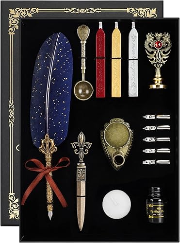 Juego de bolígrafo y tinta  Pluma de caligrafía con sello de cera y 5 puntas (azul)