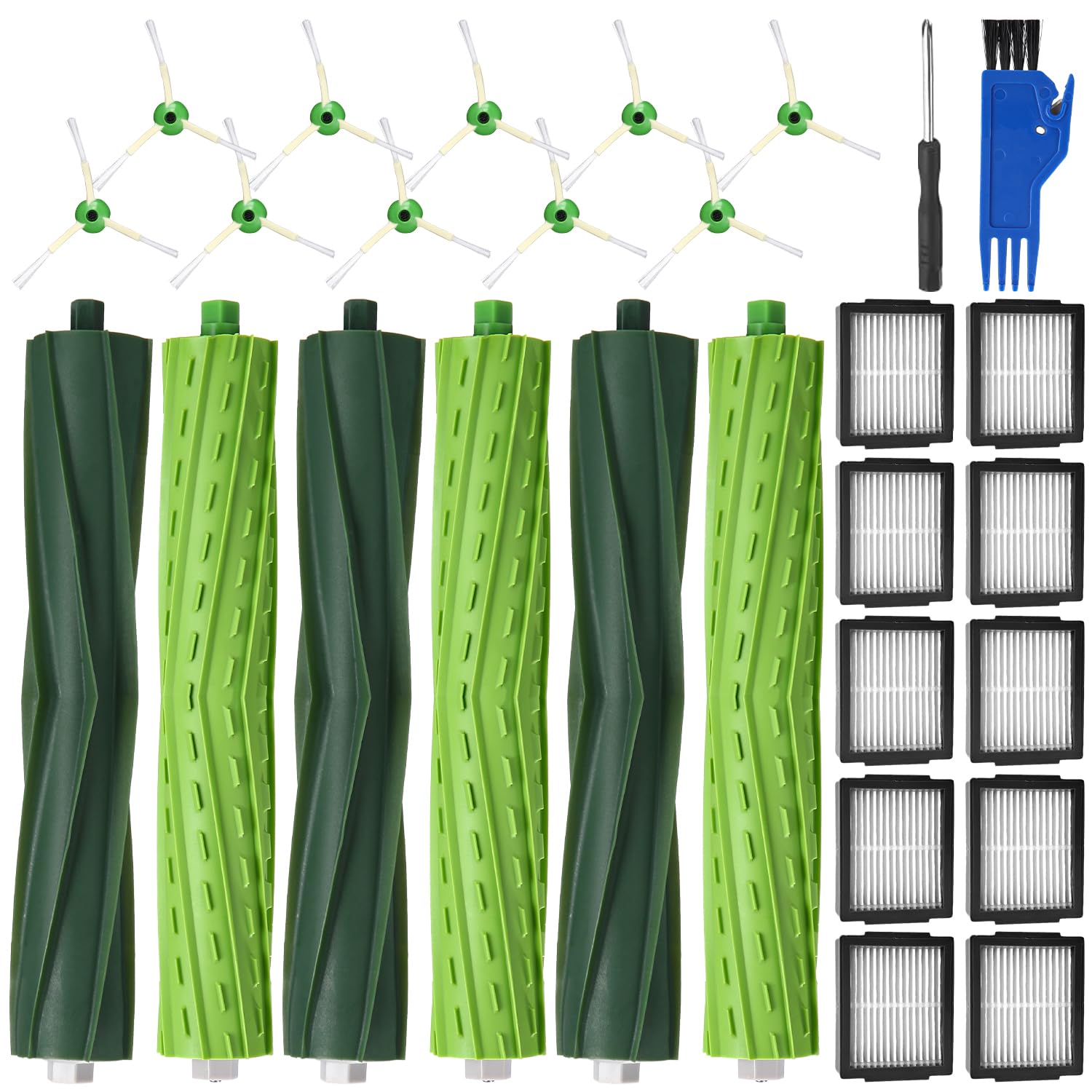 Zestaw akcesoriów części zamienne do iRobot Roomba i7 i7+ i3 i3+ i4 i4+ j7 j7+ i8 i8+ odkurzacz, akcesoria szczotki, 3 zestawy gumowych szczotek, 10 wydajnych filtrów, 10 szczotek bocznych