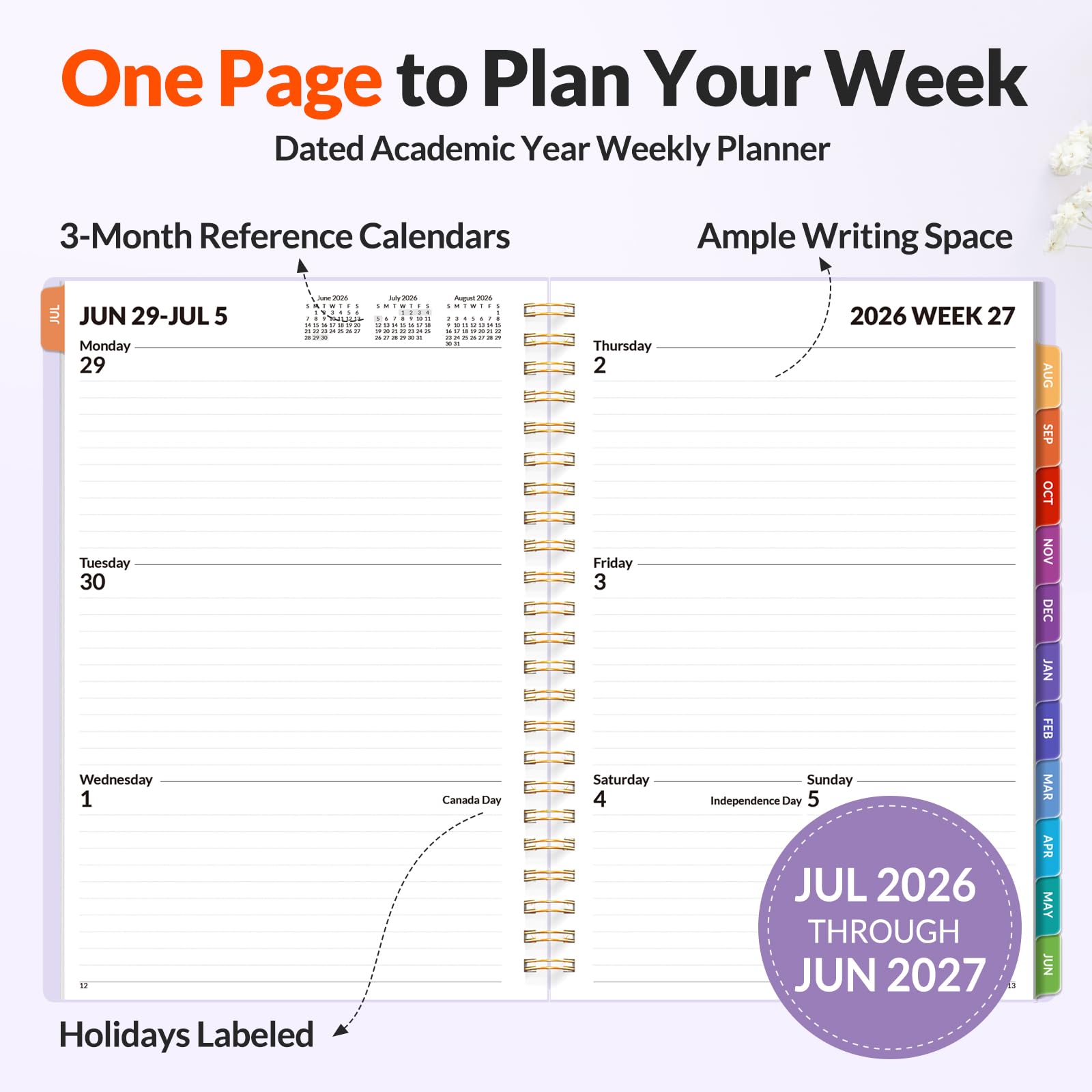 SUNEE Agenda académica 2026-2027 – Agenda semanal y mensual, julio de 2026 a junio de 2027, 6.4 x 8.3 pulgadas, papel grueso, pestañas, bolsillos, marcapáginas, encuadernado en espiral, organizador de