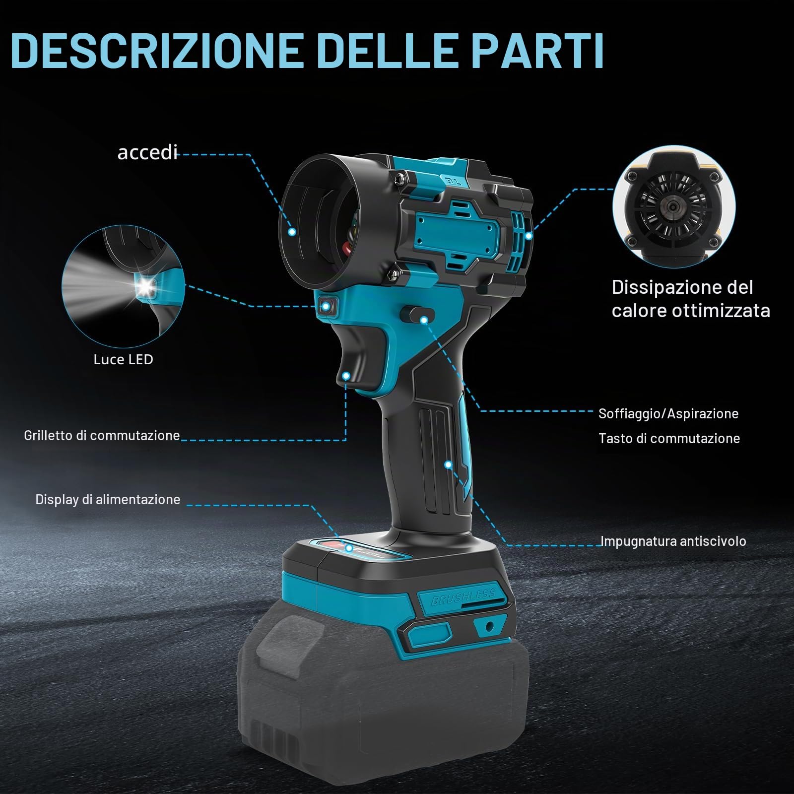 Soffiatore senza fili e aspirapolvere manuale 2 in 1 per batteria Makita da 18 V (senza batteria) | Aspirapolvere ad aria compressa, senza spazzole, 150 W, portatile, con 5 ugelli per auto, casa, ufficio, cucina