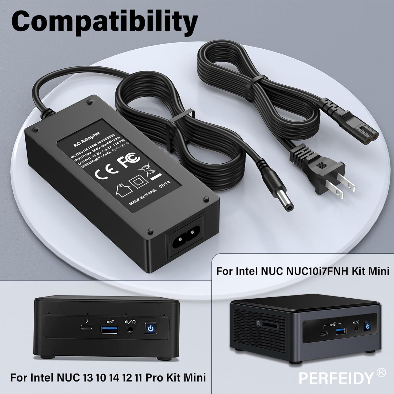 19V 6.3A 120W Power Cord Charger Adapter for Intel NUC 13 10 14 12 11 Pro Kit Mini NUC10i7FNH Power Supply Replacement PERFEIDY