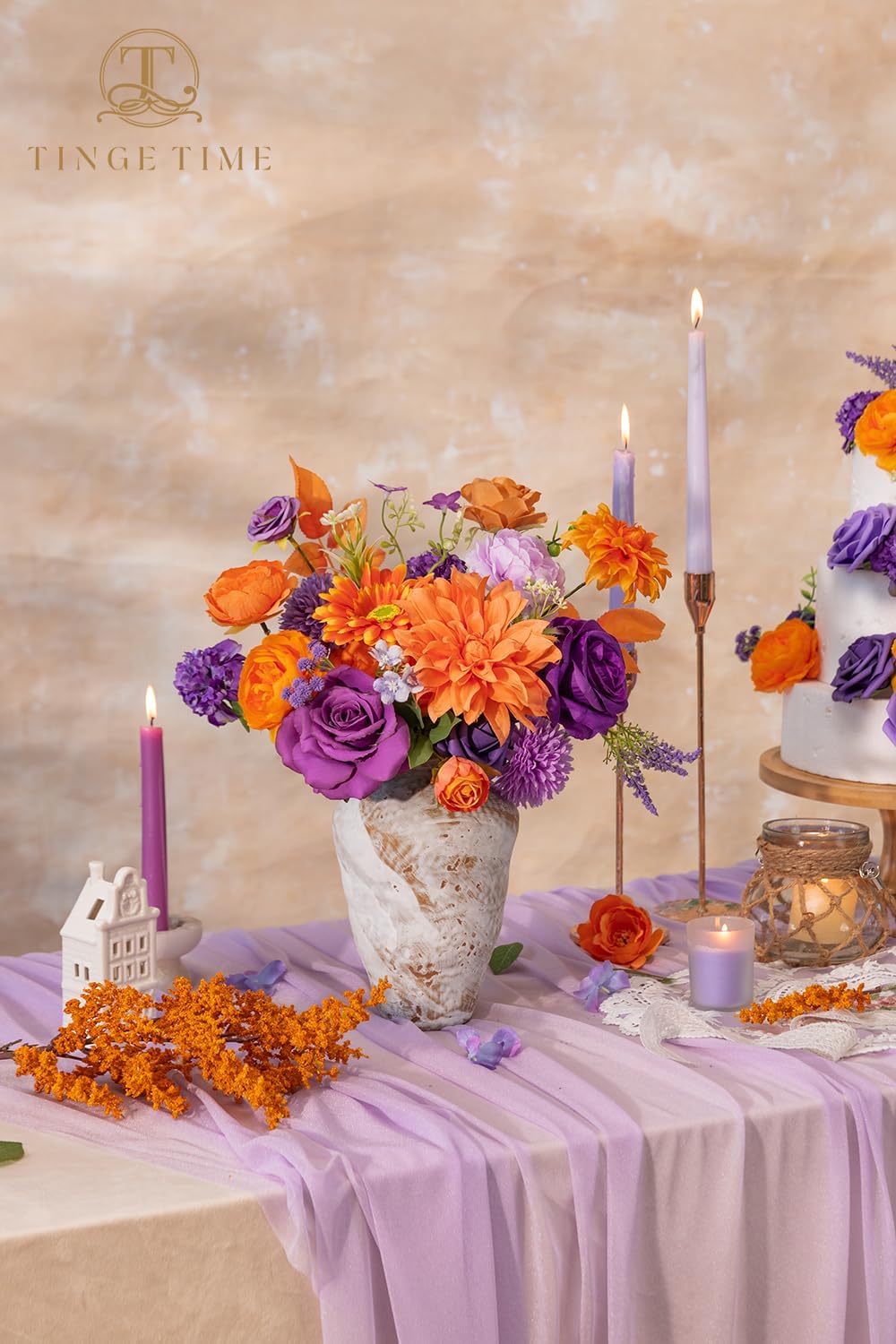 TINGE TIME Rose Artificial Flowers Combo, Fake Foam Roses with Stems for DIY Autumn Wedding Bridal Shower Party Table Centerpieces Fake Floral Arrangement Home Decor(Burnt Orange and Purple)