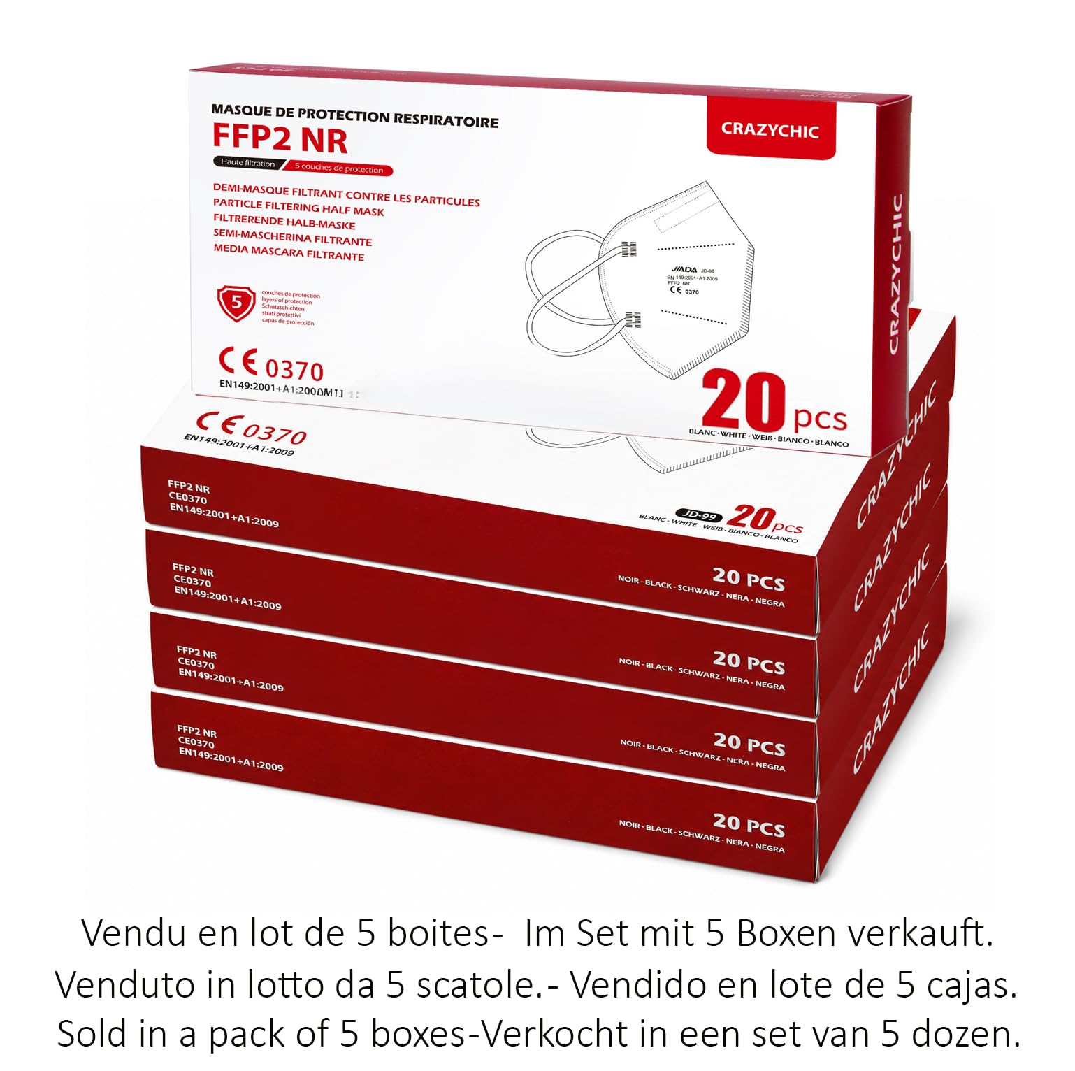 CRAZYCHIC - Masque FFP2 NR Blanc Certifié Norme CE EN149 - Masque de Protection Respiratoire - Haute Filtration 5 Couches Filtrantes - Hypoallergénique - Emballage individuel - Boîte