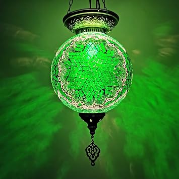 Mosaic Turkish Moroccan Pendant Light, Multicolor Lantern Ceiling Pendant Lamp Handmade Hanging Light Tiffany Bohemian Style Chandelier for Bedroom Bar Stained Glass Lamp W10 H34,E14,Green